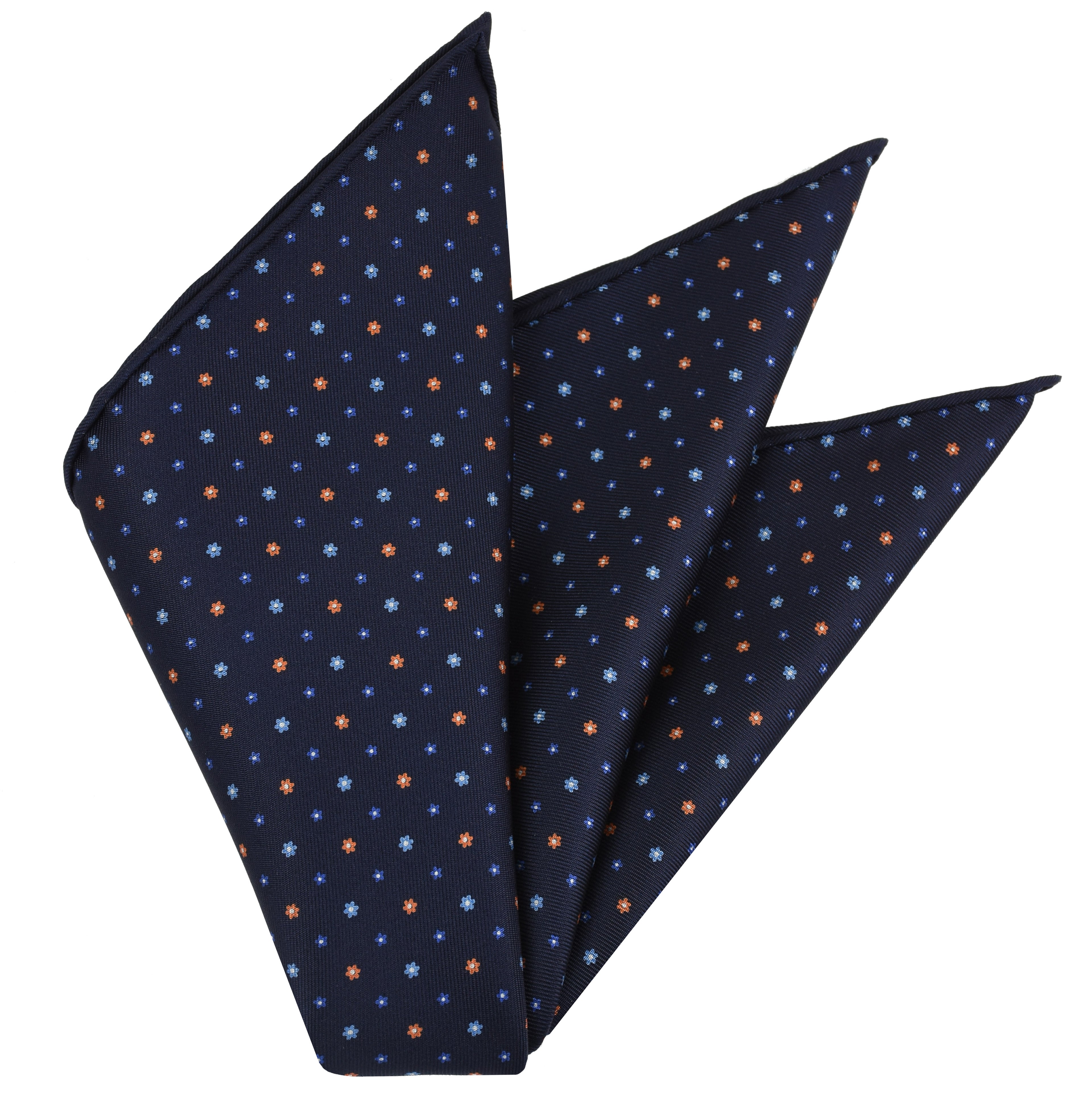 {[en]:Blue, Sky Blue, Orange & White on Midnight Blue Macclesfield Print Silk Pocket Square