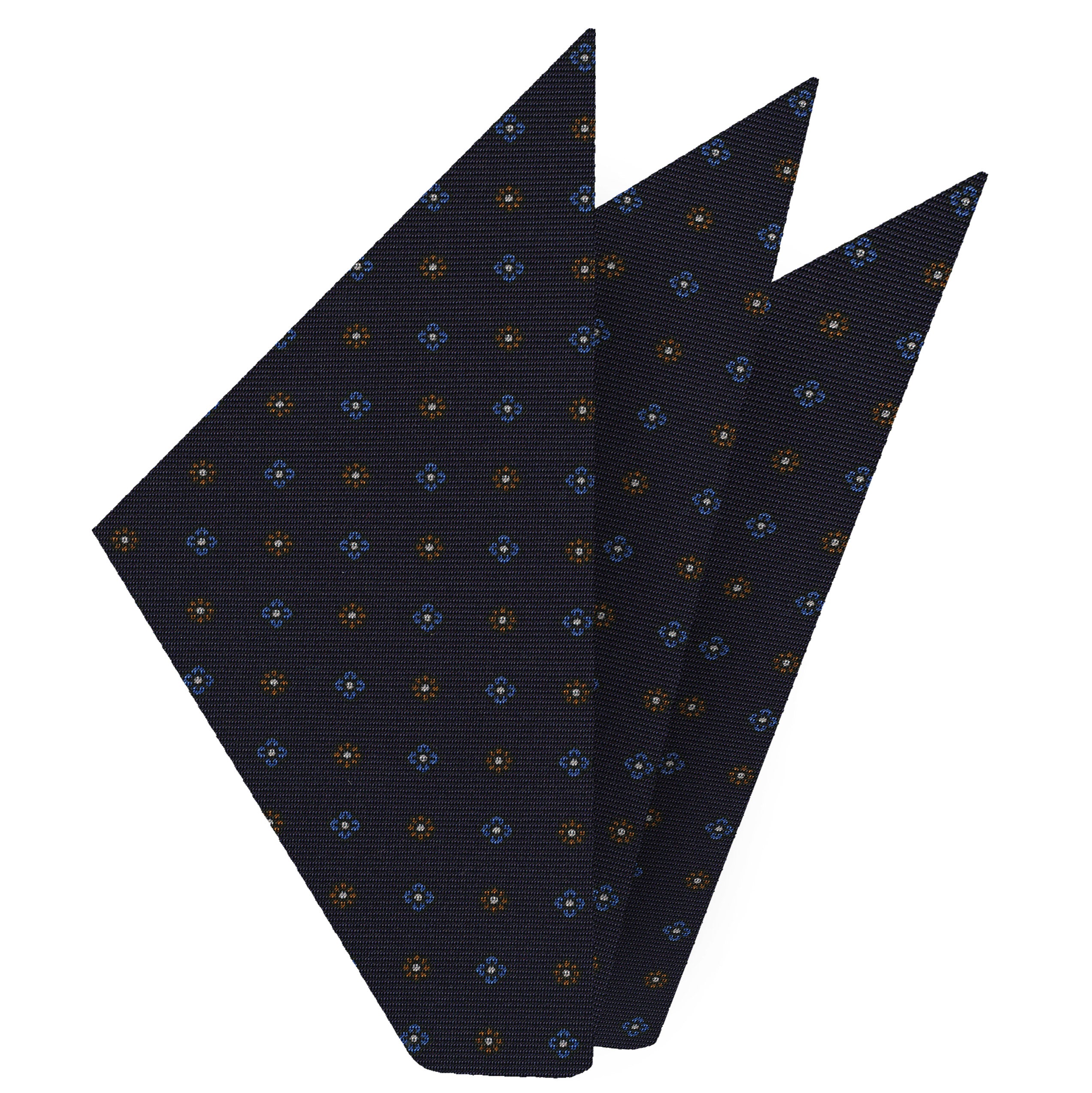 {[en]:Sky Blue, Orange & Whit on Midnight Blue Macclesfield Print Silk Pocket Square