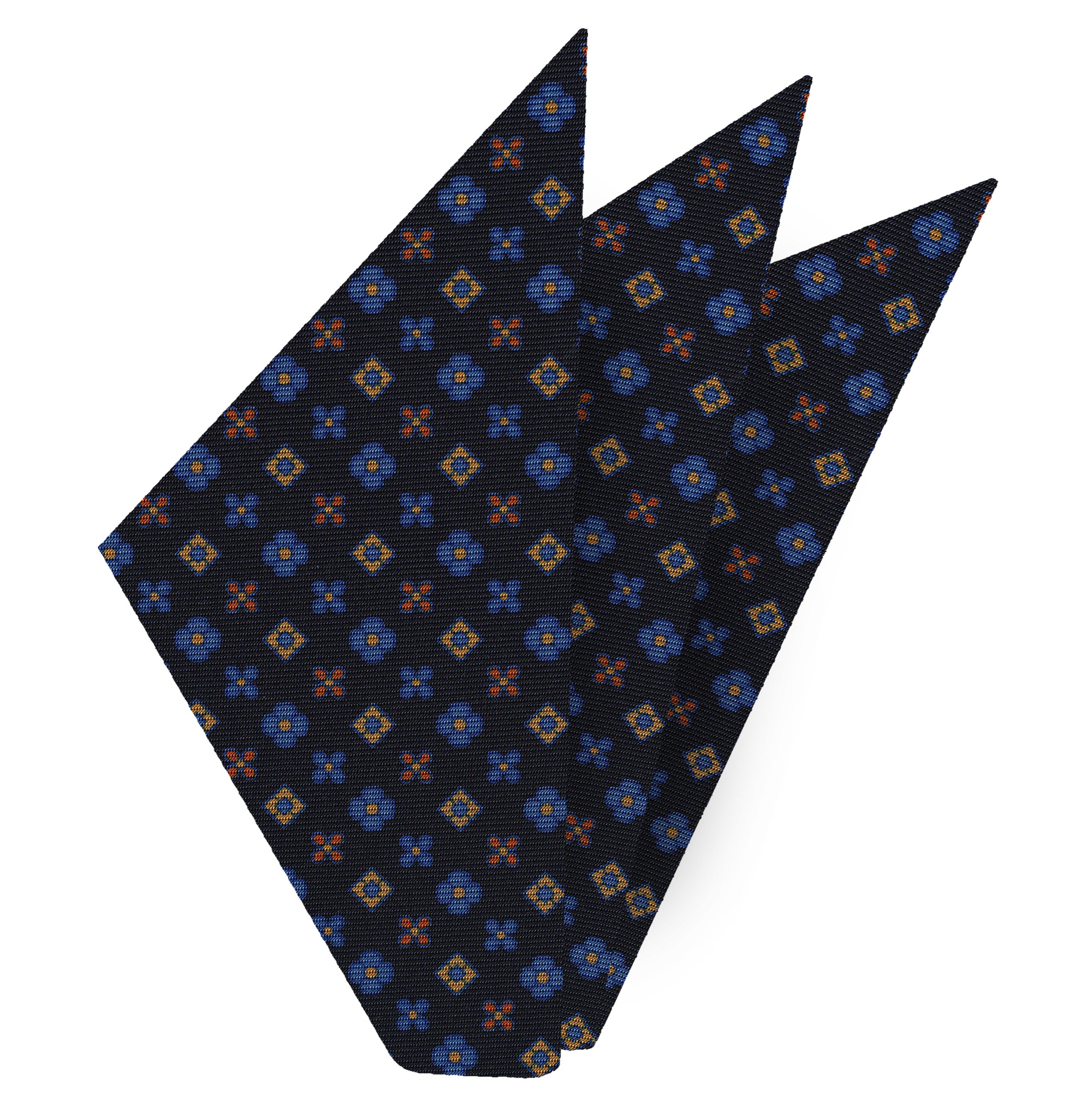 {[en]:Sky Blue, Orange & Yellow on Black Macclesfield Print Silk Pocket Square