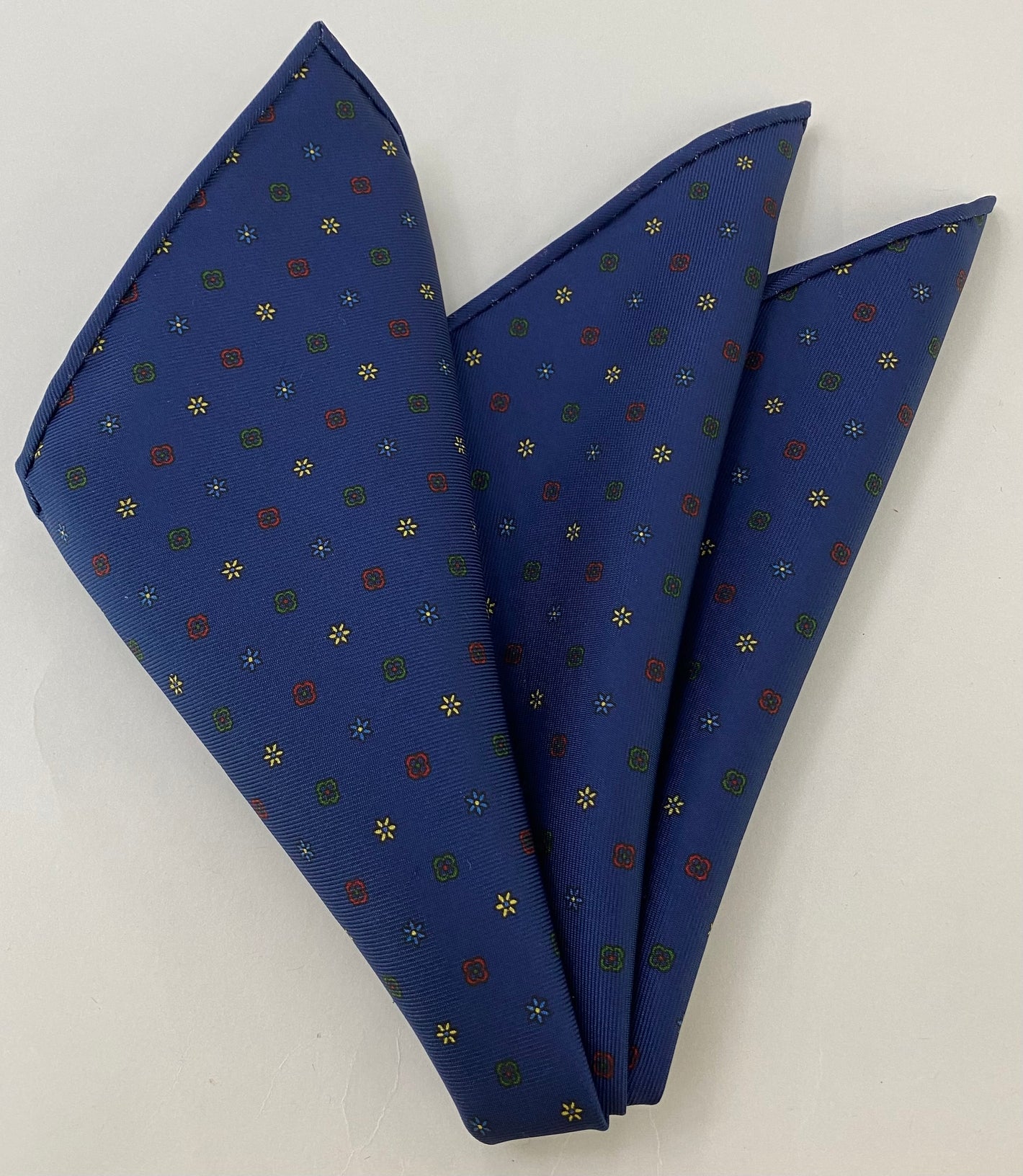 Sky Blue, Red, Green, & Light Yellow on Dark Navy Blue Macclesfield Print Silk Pocket Square #MCP-211