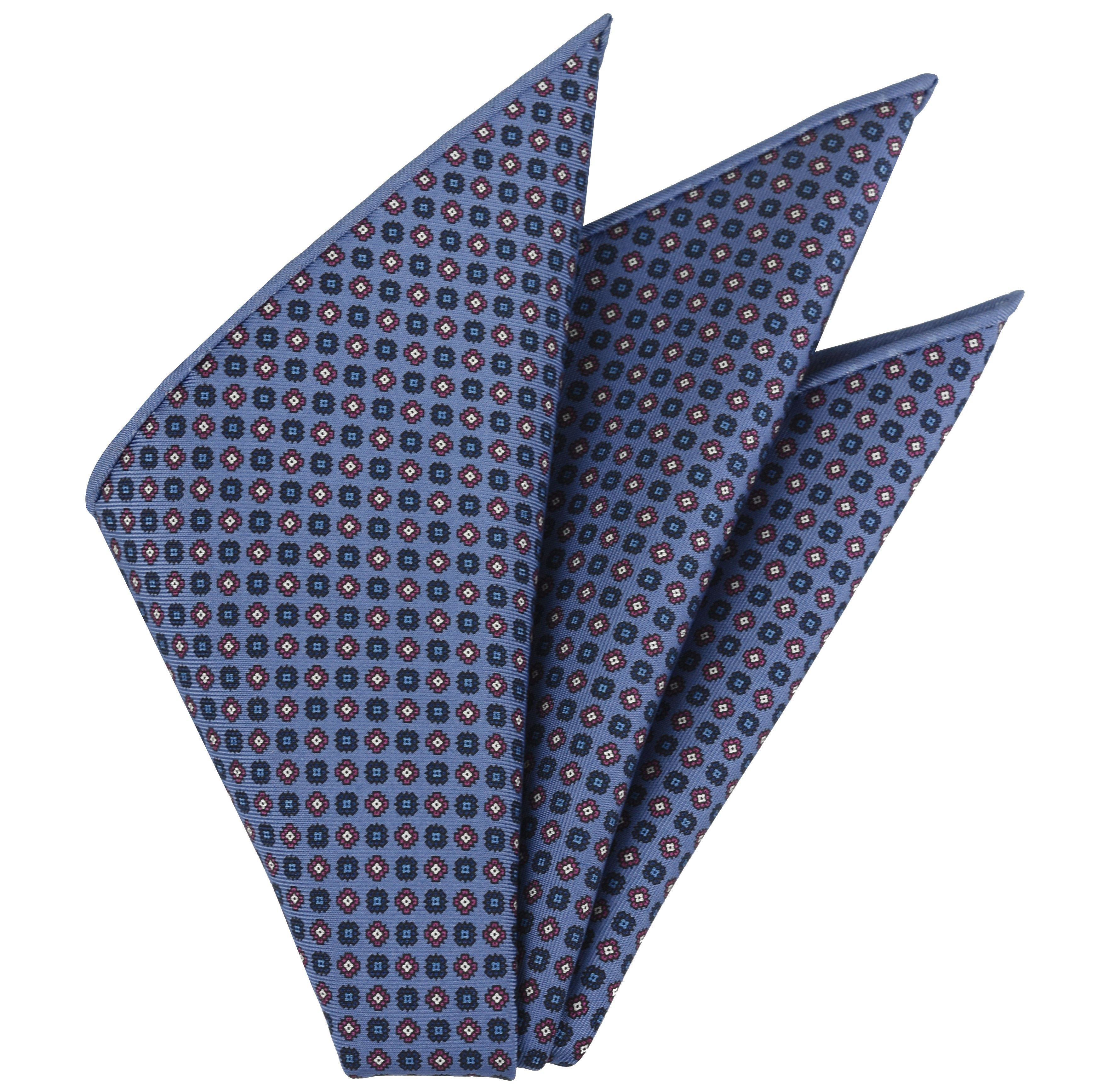 {[en]:Blue, Sky Blue, Pink & Black on Purple Blue Macclesfield Print Silk Pocket Square