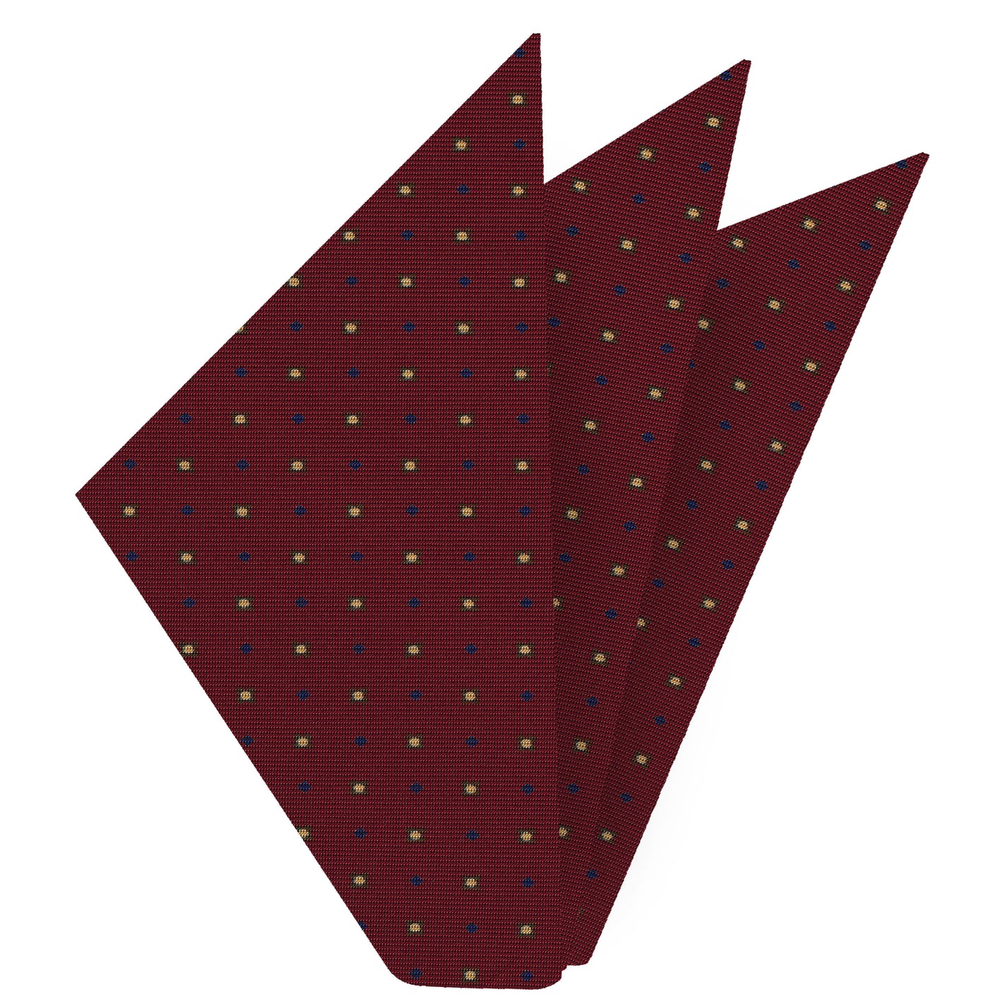 {[en]:Blue, Off-White & Dark Gold on Burgundy Macclesfield Print Silk Pocket Square