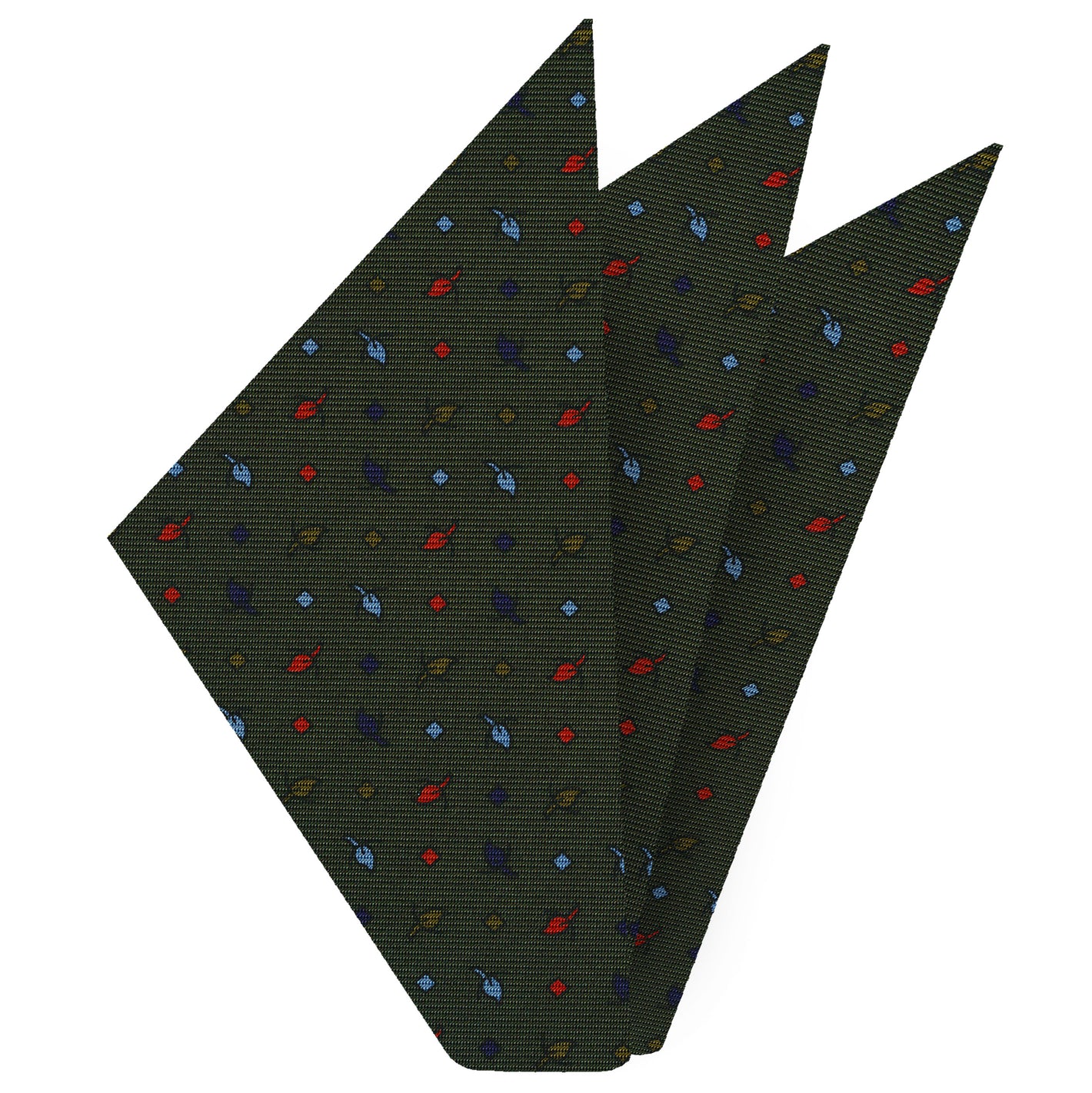 {[en]:Dark Blue, Sky Blue, Red & Olive Green on Forest Green Macclesfield Print Silk Pocket Square