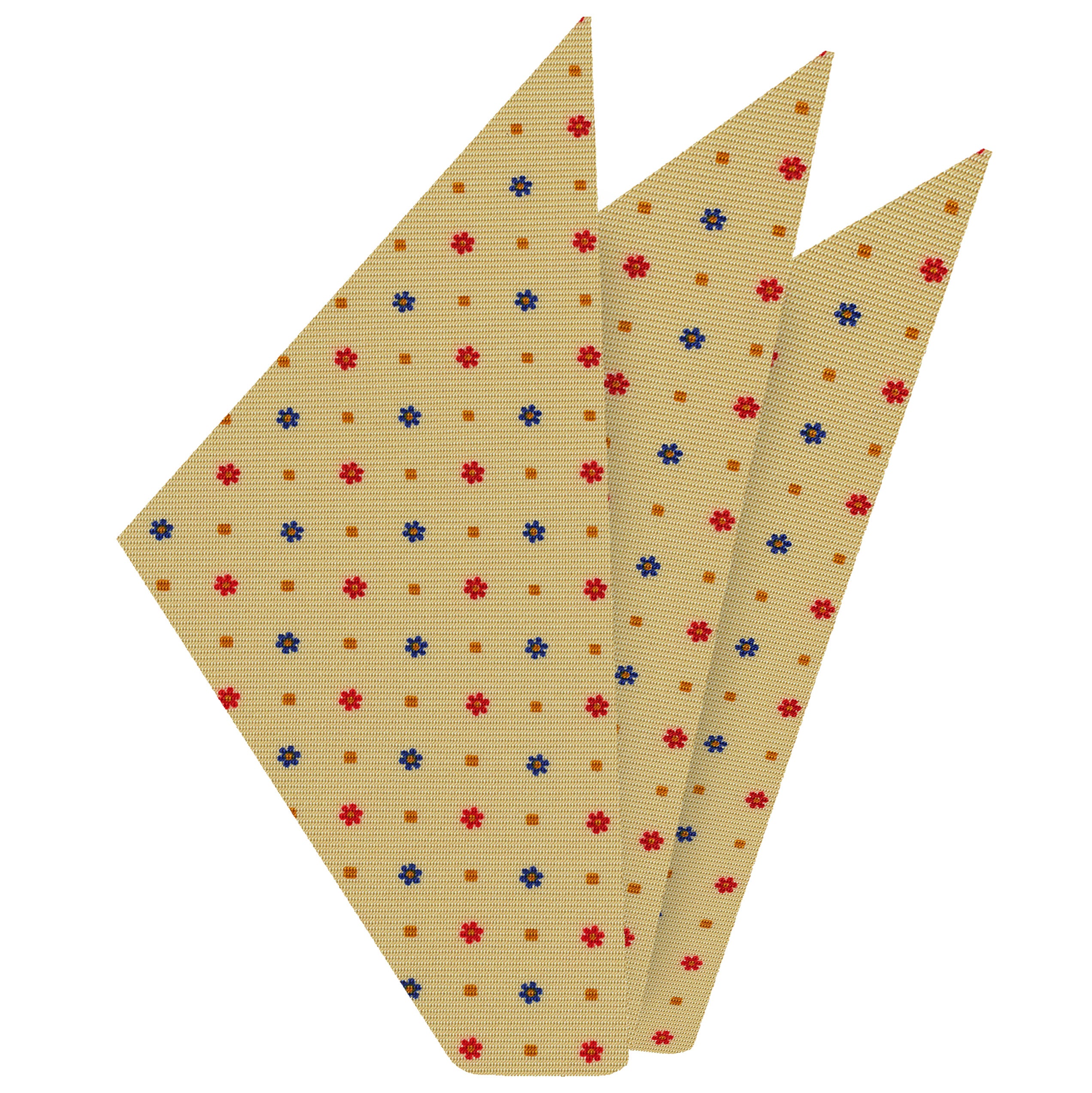 {[en]:Red, Dark Blue & Burnt Orange on Soft Gold Macclesfield Print Silk Pocket Square