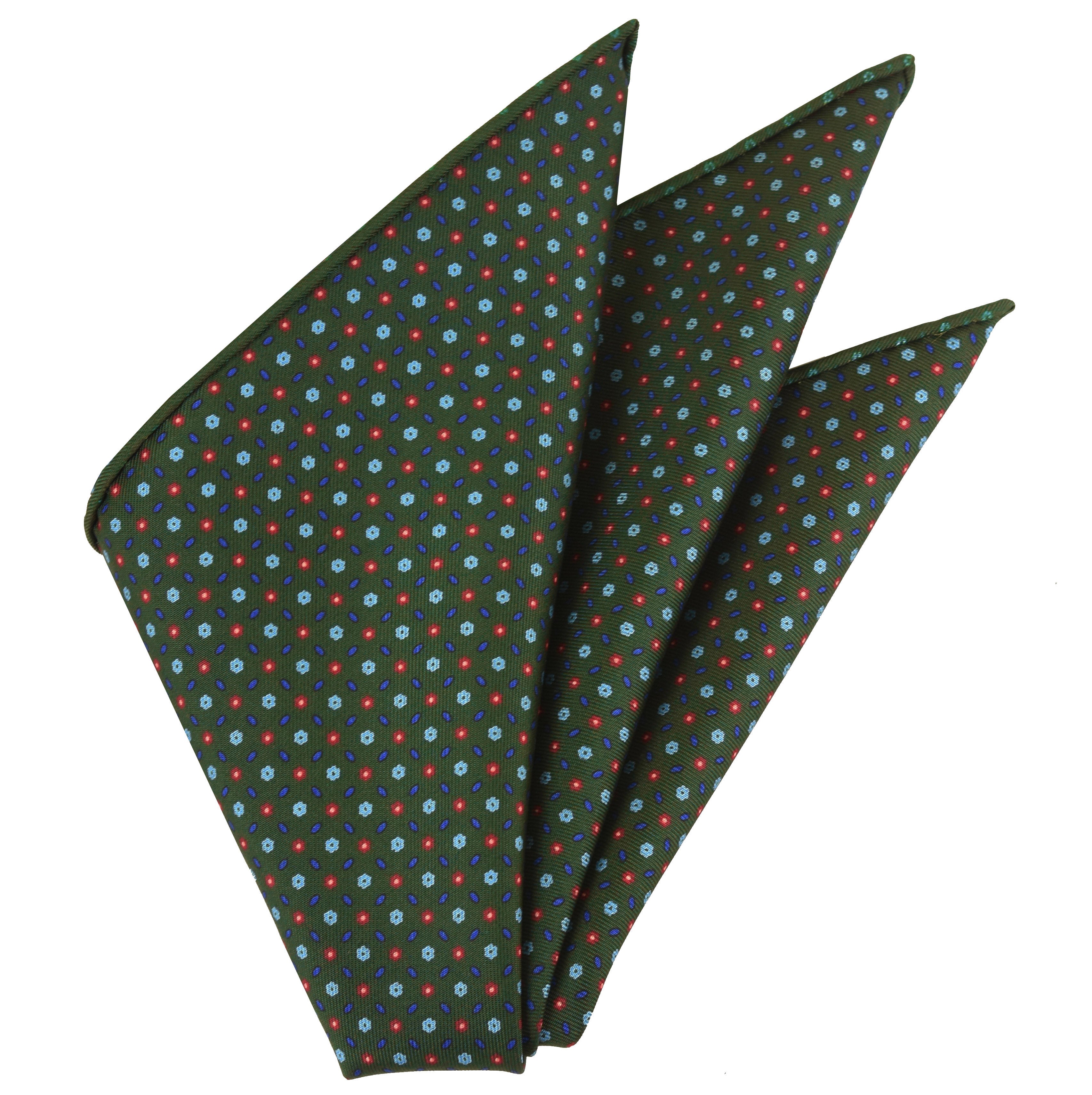 {[en]:Dark Blue, Sky Blue, Light Yellow & Red on Dark Olive Green Macclesfield Print Silk Pocket Square