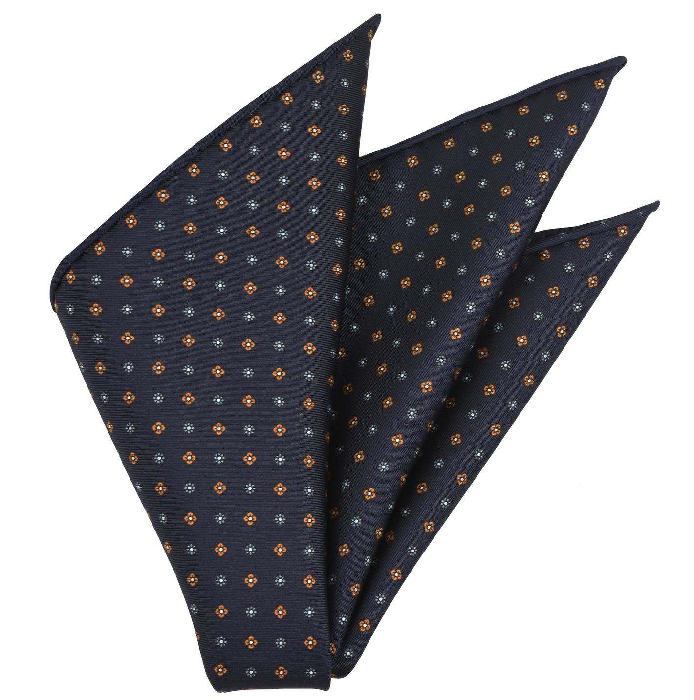 {[en]:Sky Blue, Burnt Orange & White on Midnight Blue Macclesfield Print Silk Pocket Square