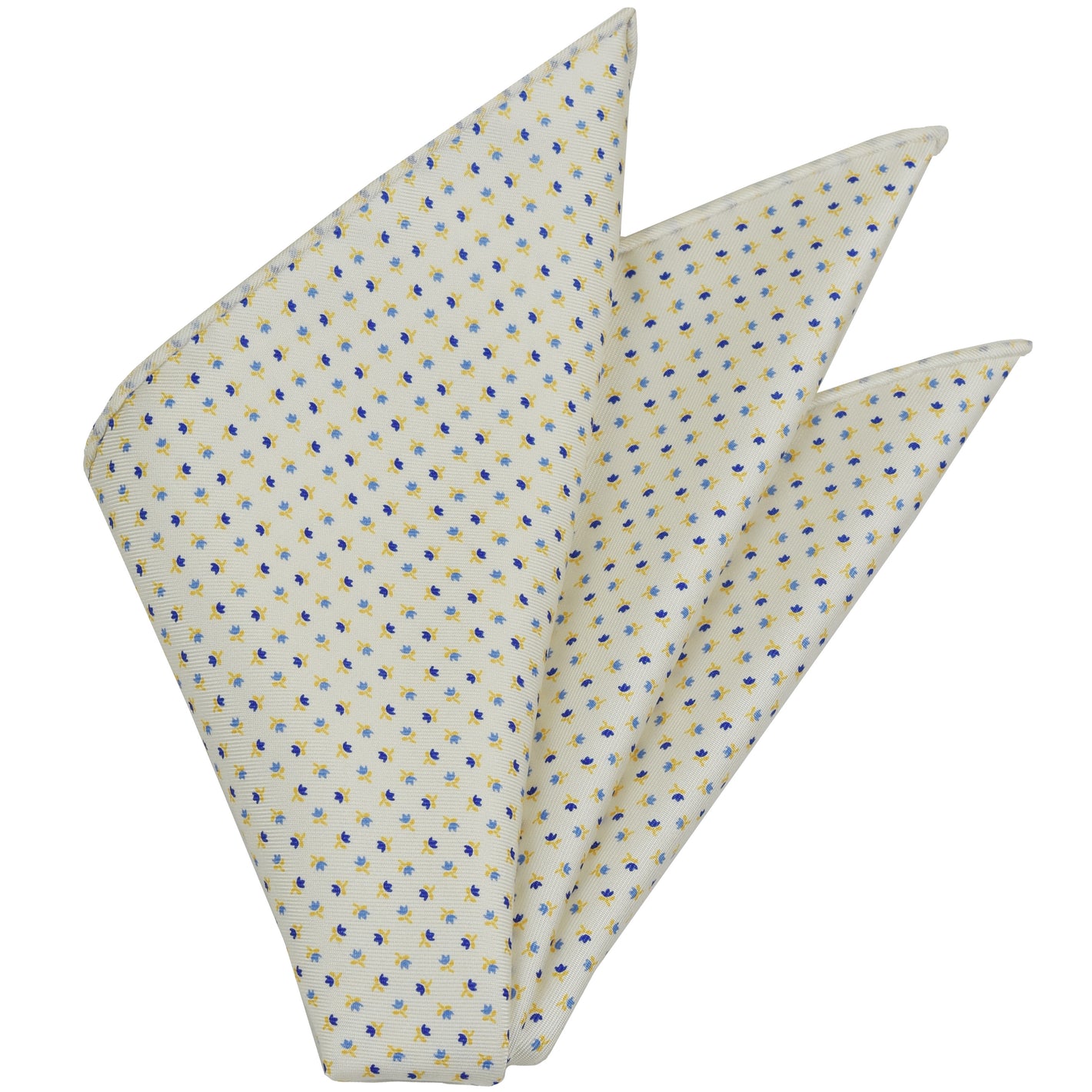 {[en]:Sky Blue, Blue, Orange on Off-White Macclesfield Print Silk Pocket Square