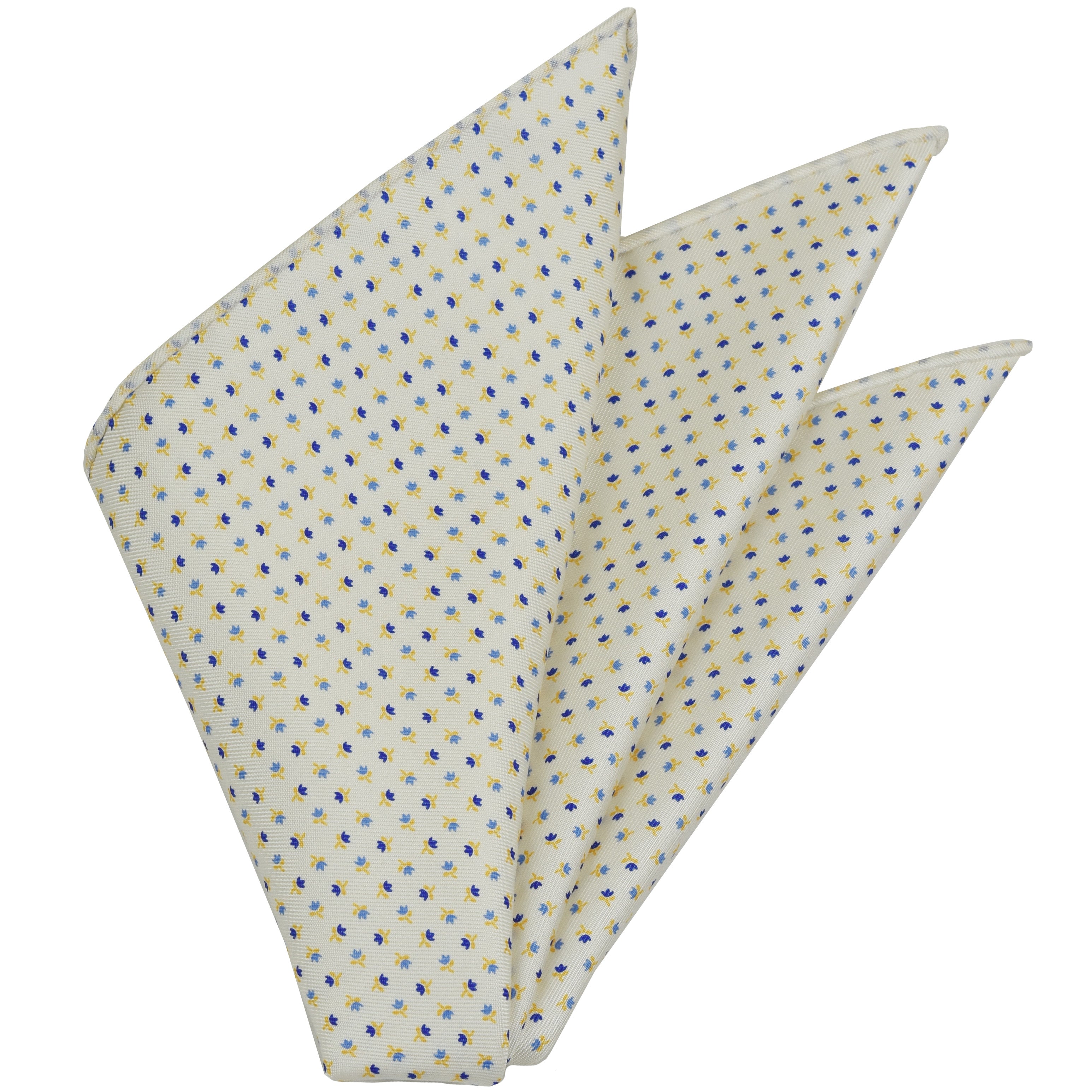 {[en]:Sky Blue, Blue, Orange on Off-White Macclesfield Print Silk Pocket Square