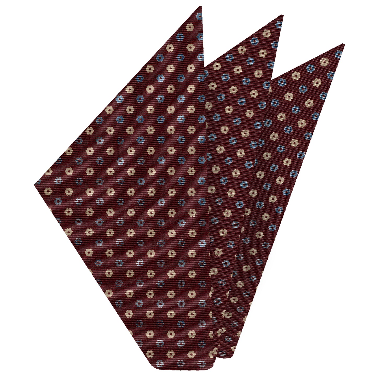{[en]:Powder Blue, Off-White on Burgundy Macclesfield Print Silk Pocket Square