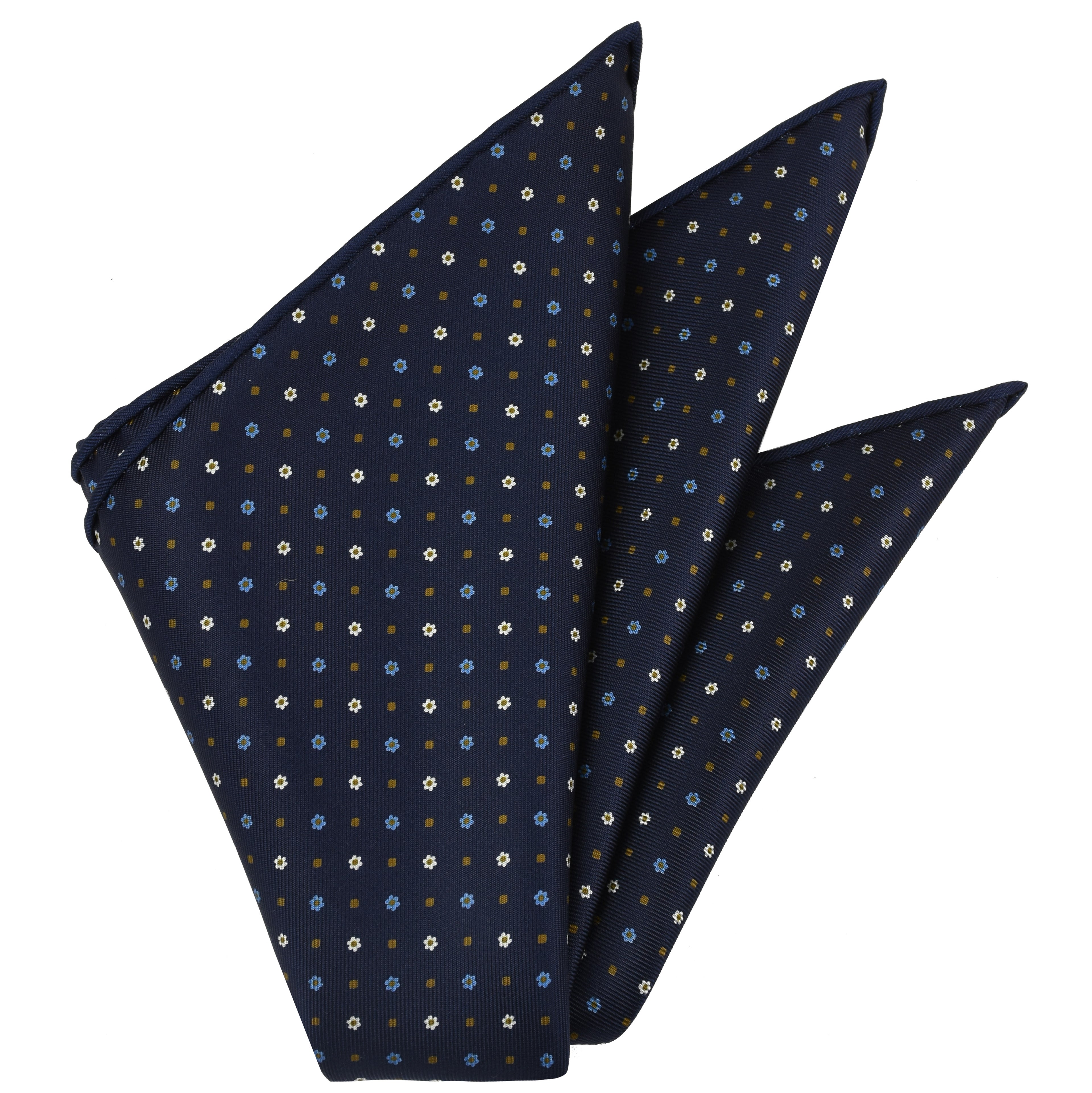 {[en]:Sky Blue, Brown & White on Midnight Blue Macclesfield Print Silk Pocket Square