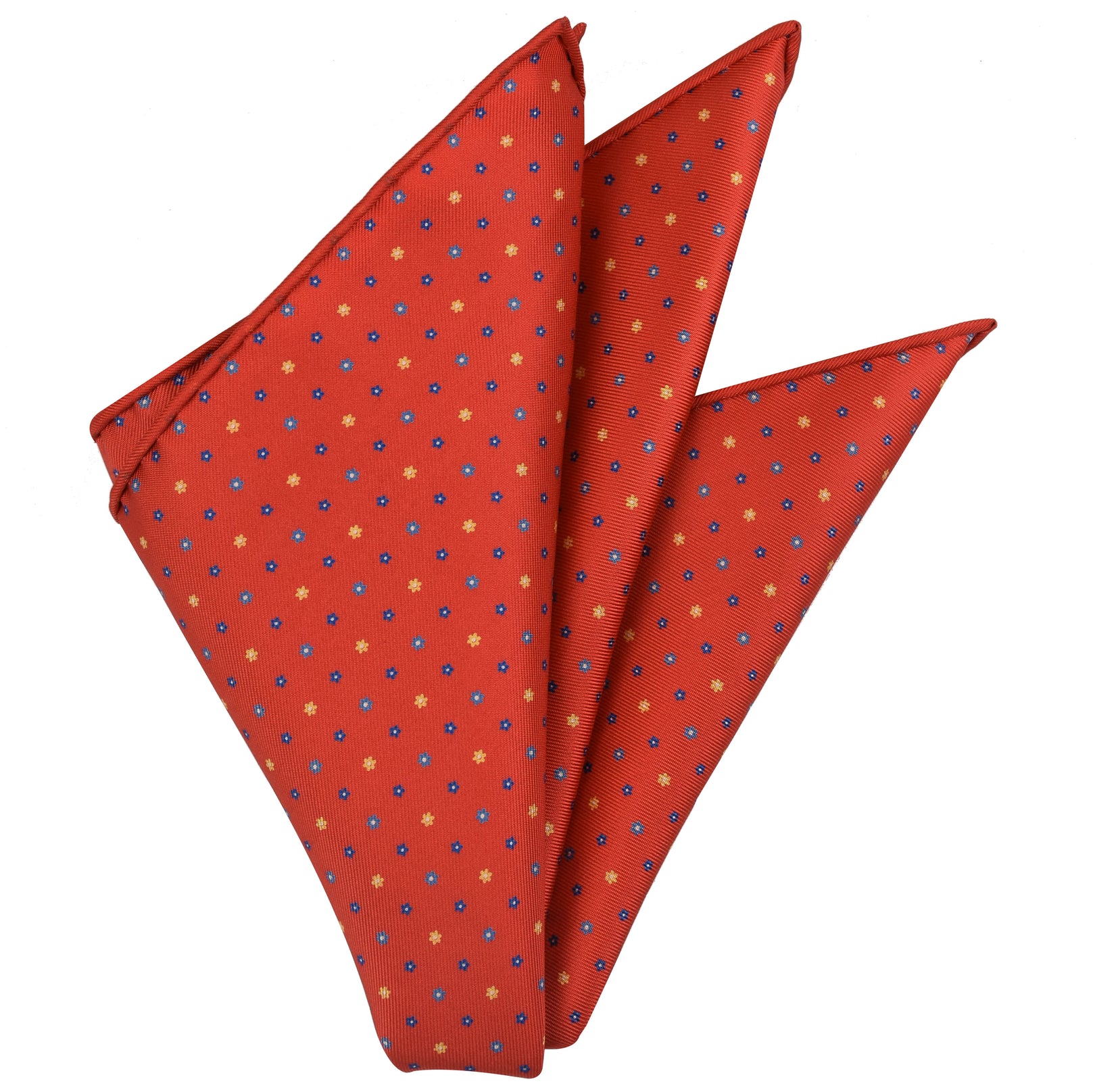 {[en]:Sky Blue, Dark Blue, Light Yellow & White on Soft Orange Red Macclesfield Print Silk Pocket Square