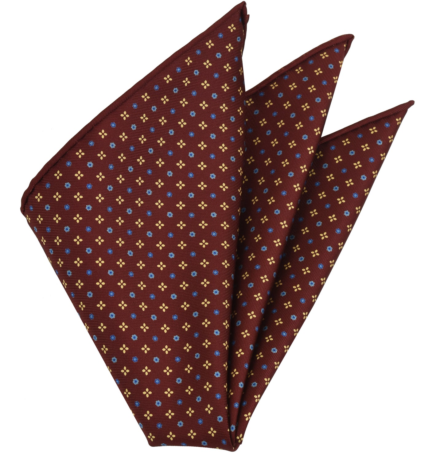 {[en]:Sky Blue, Dark Blue & Light Yellow on Burgundy Macclesfield Print Silk Pocket Square