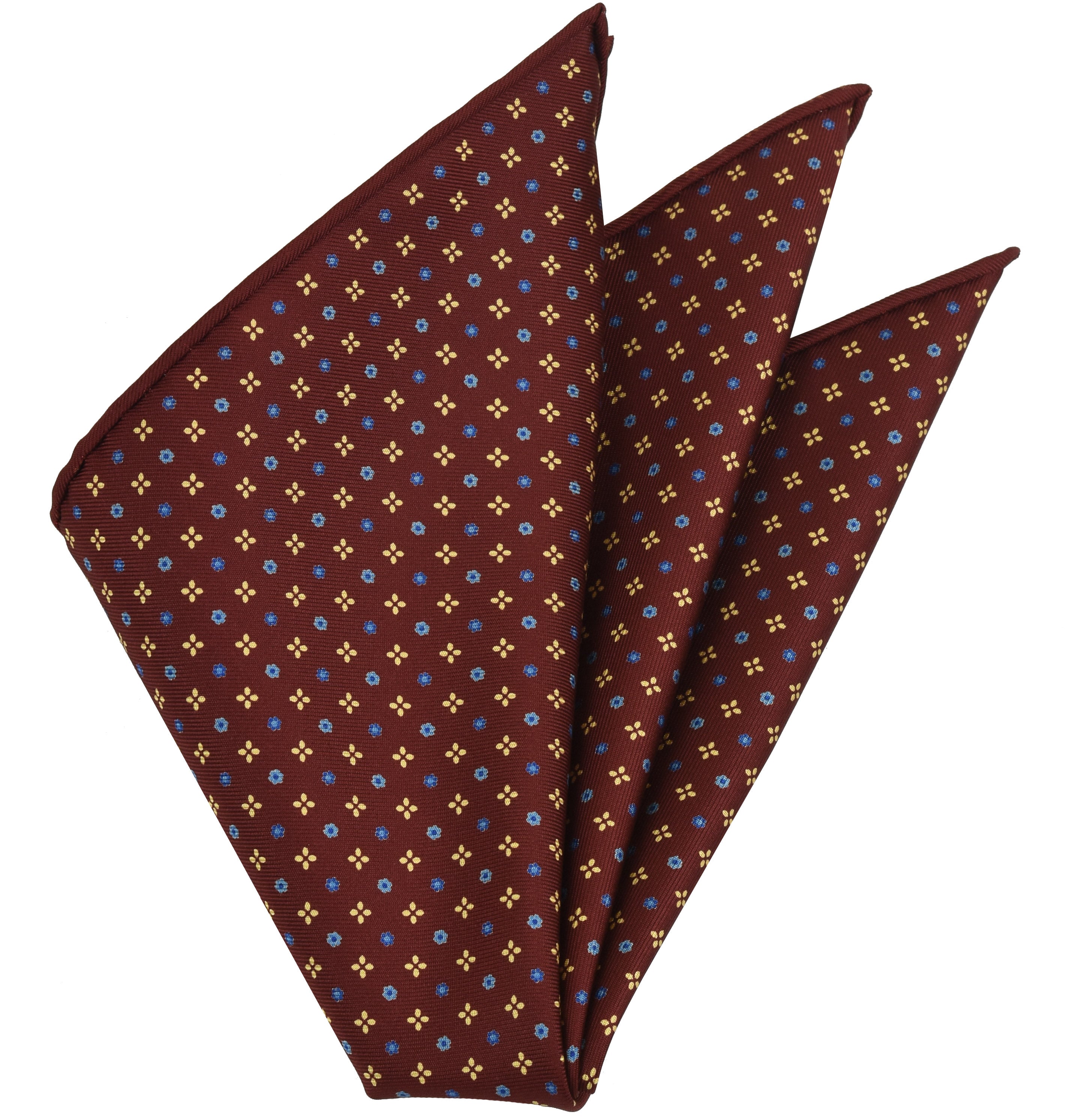 {[en]:Sky Blue, Dark Blue & Light Yellow on Burgundy Macclesfield Print Silk Pocket Square