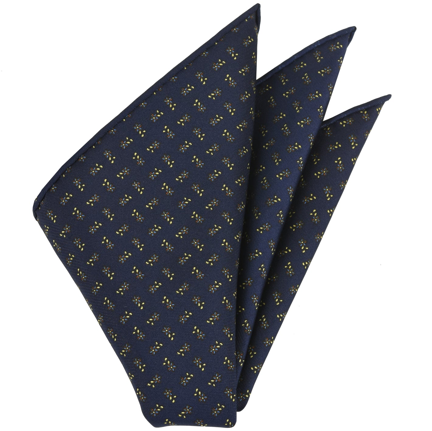 {[en]:Sky Blue, Burnt Orange & Soft Yellow on Midnight Blue Macclesfield Print Silk Pocket Square