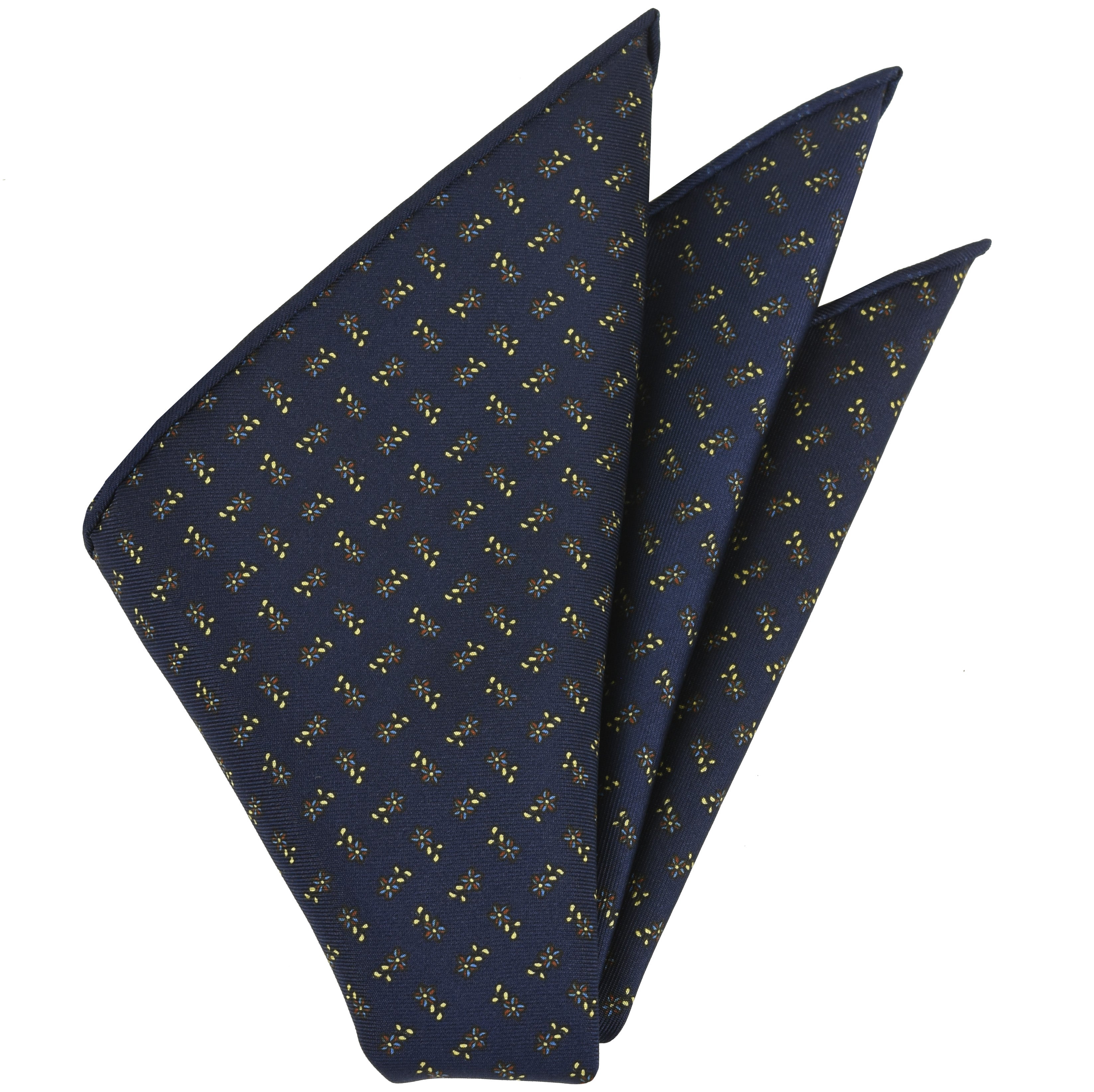 {[en]:Sky Blue, Burnt Orange & Soft Yellow on Midnight Blue Macclesfield Print Silk Pocket Square