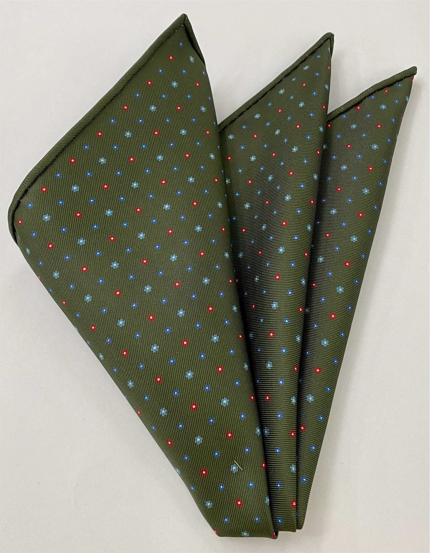 Sky Blue, Light Blue, Red & White on Olive Green Macclesfield Print Silk Pocket Square #MCP-234