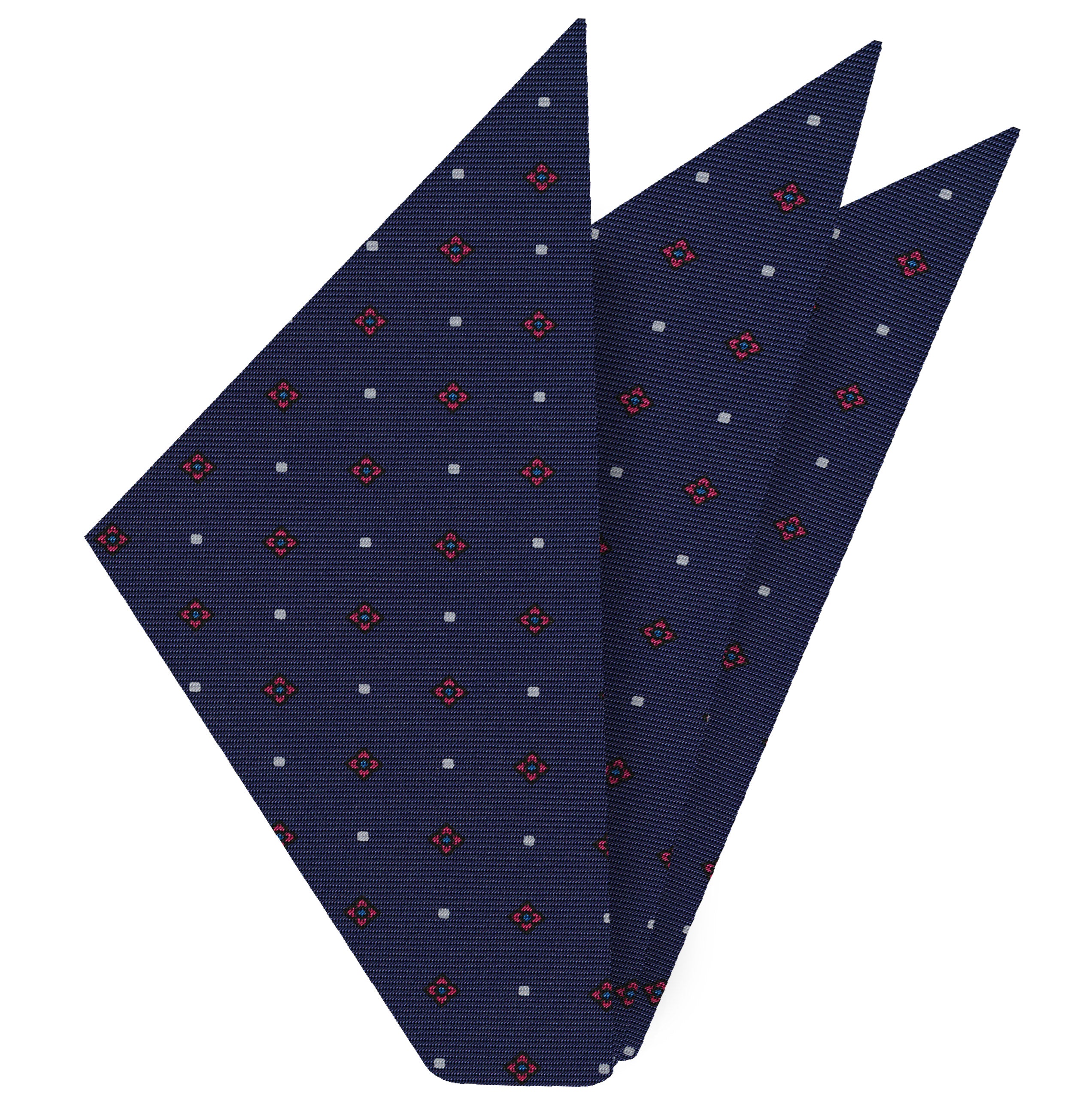 {[en]:Dark Pink, Blue & White on Navy Blue Macclesfield Print Silk Pocket Square