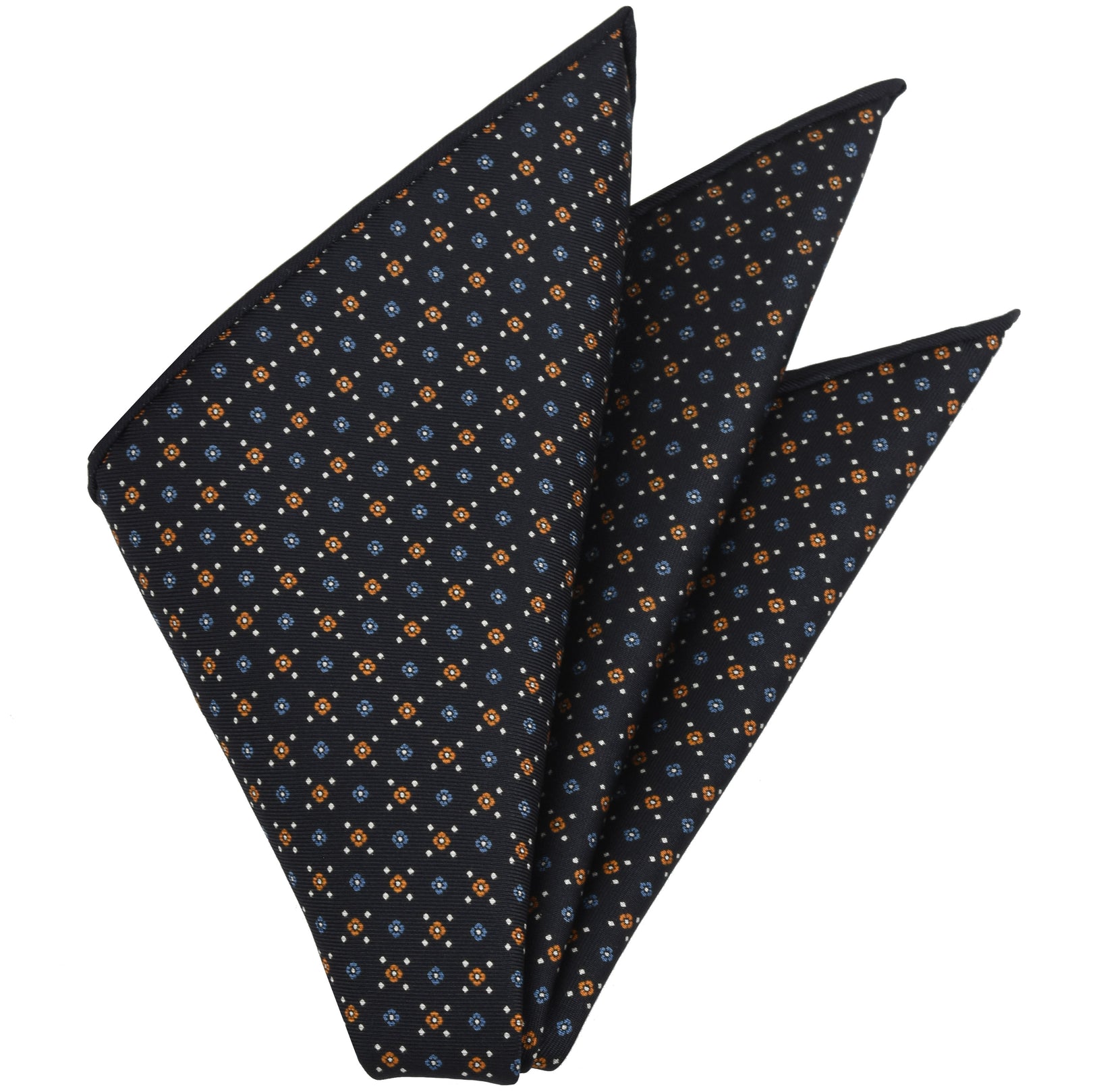 {[en]:Sky Blue, Burnt Orange & White on Midnight Blue Macclesfield Print Silk Pocket Square