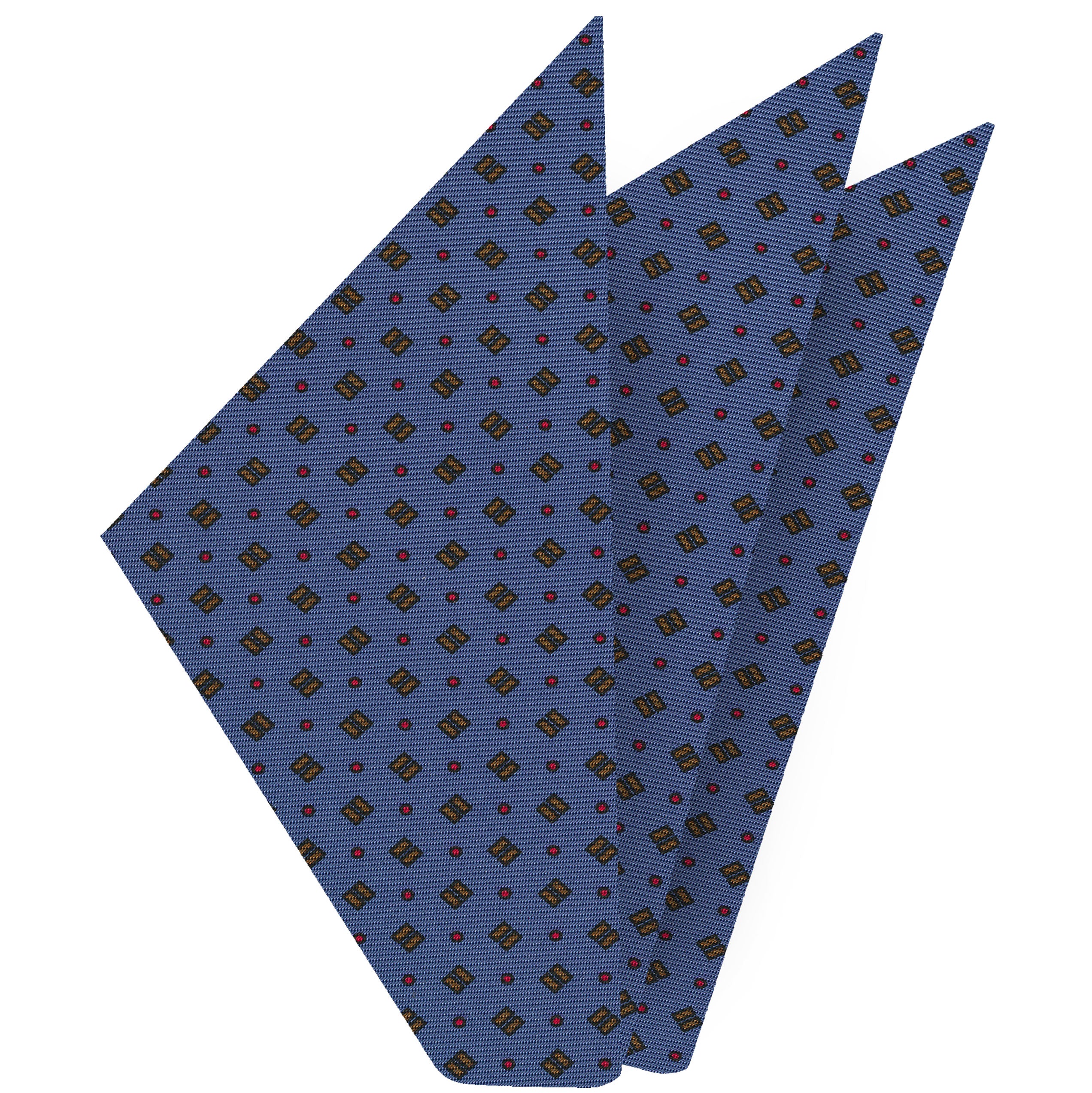 {[en]:Red, Black & Brown on Slate Blue Macclesfield Print Silk Pocket Square