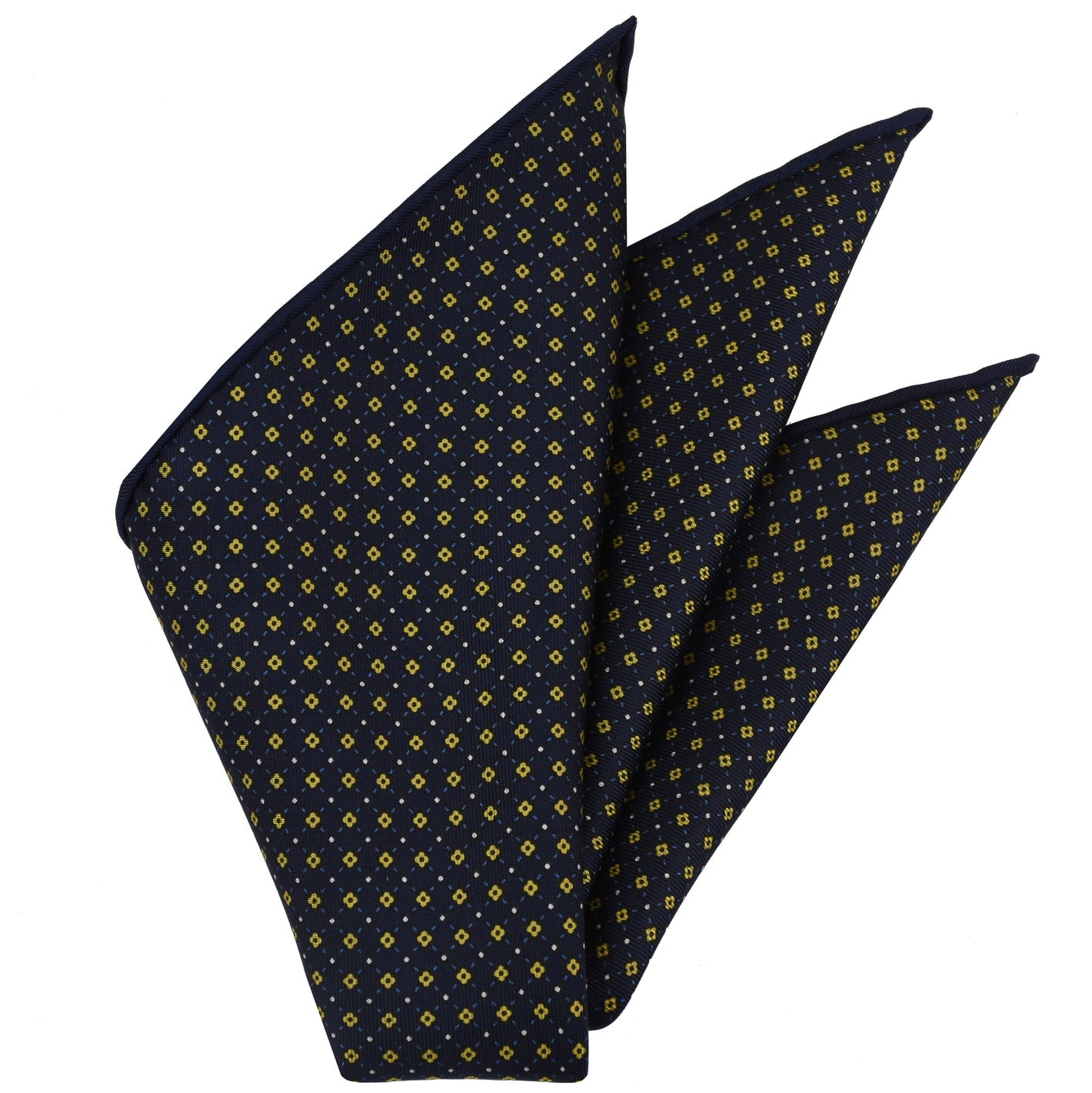 {[en]:Yellow Gold, Blue & White on Midnight Blue Macclesfield Print Silk Pocket Square