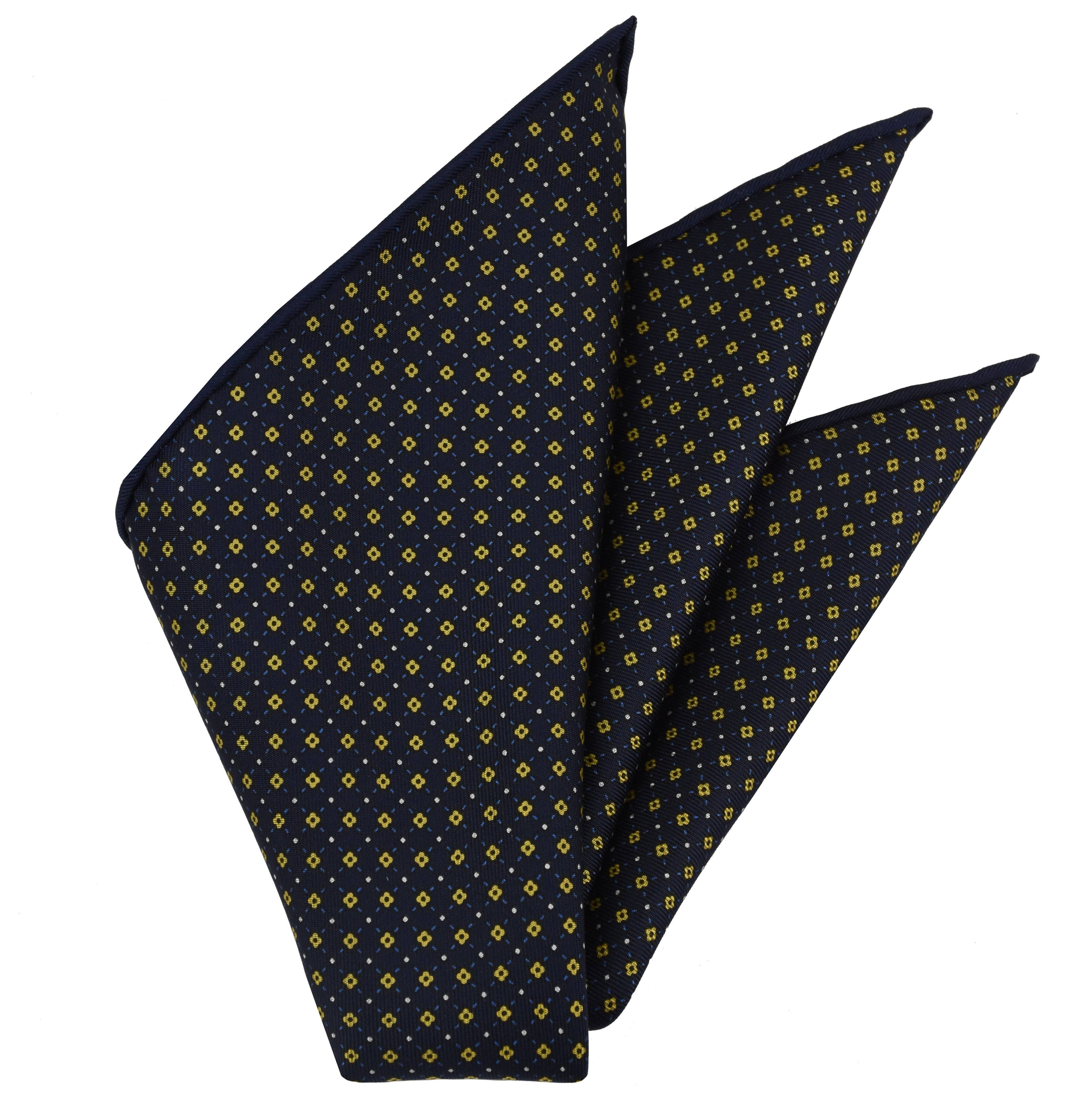 {[en]:Yellow Gold, Blue & White on Midnight Blue Macclesfield Print Silk Pocket Square