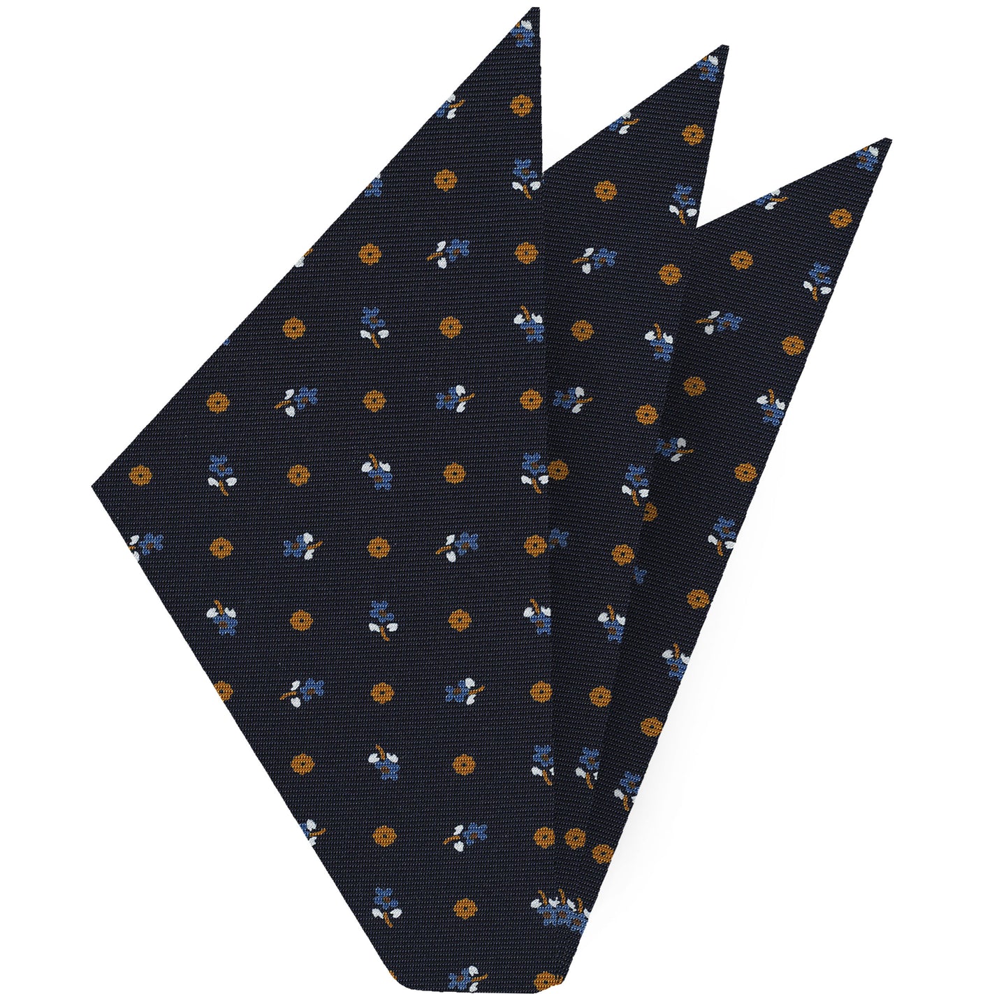 {[en]:Sky Blue, Burnt Orange & White on Dark Navy Blue Macclesfield Print Silk Pocket Square