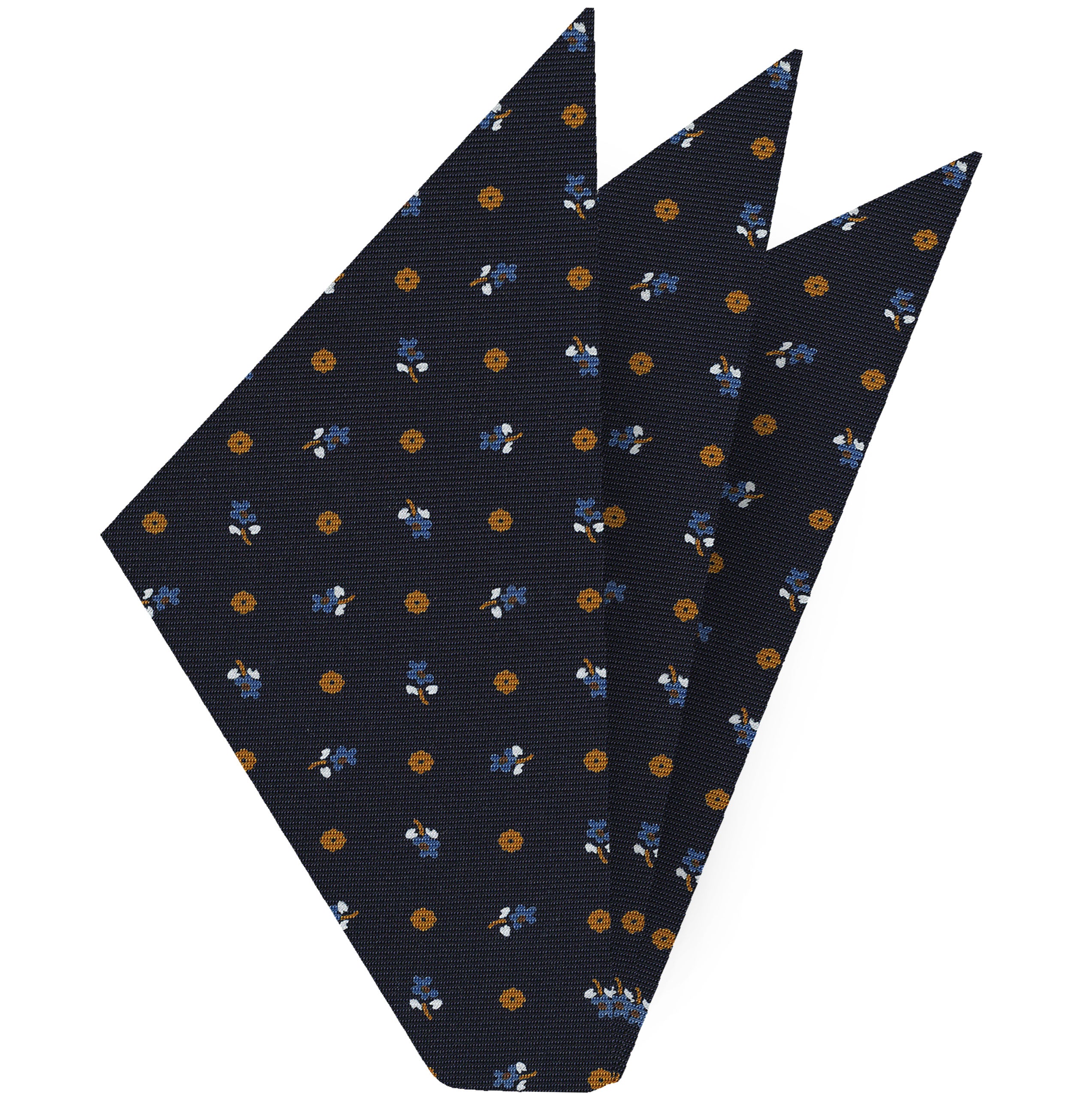 {[en]:Sky Blue, Burnt Orange & White on Dark Navy Blue Macclesfield Print Silk Pocket Square