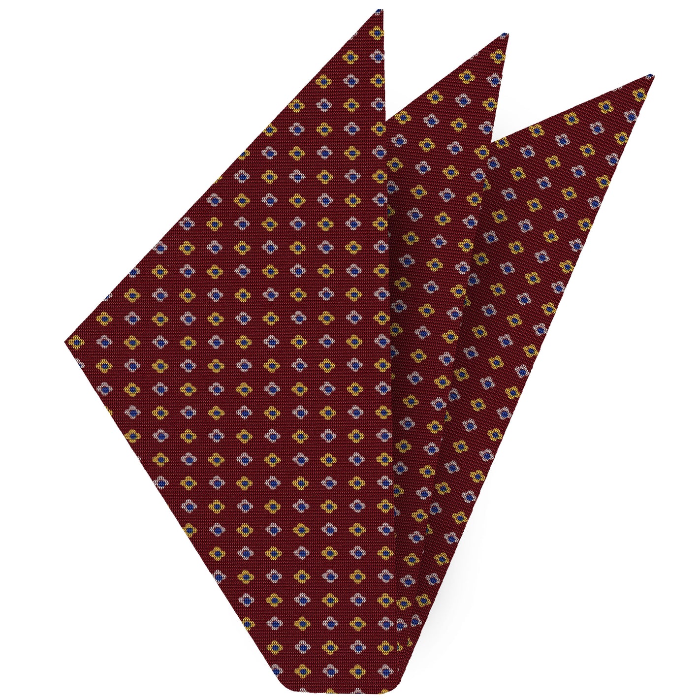 {[en]:Dark Blue, White & Light Yellow on Burgundy Macclesfield Print Silk Pocket Square