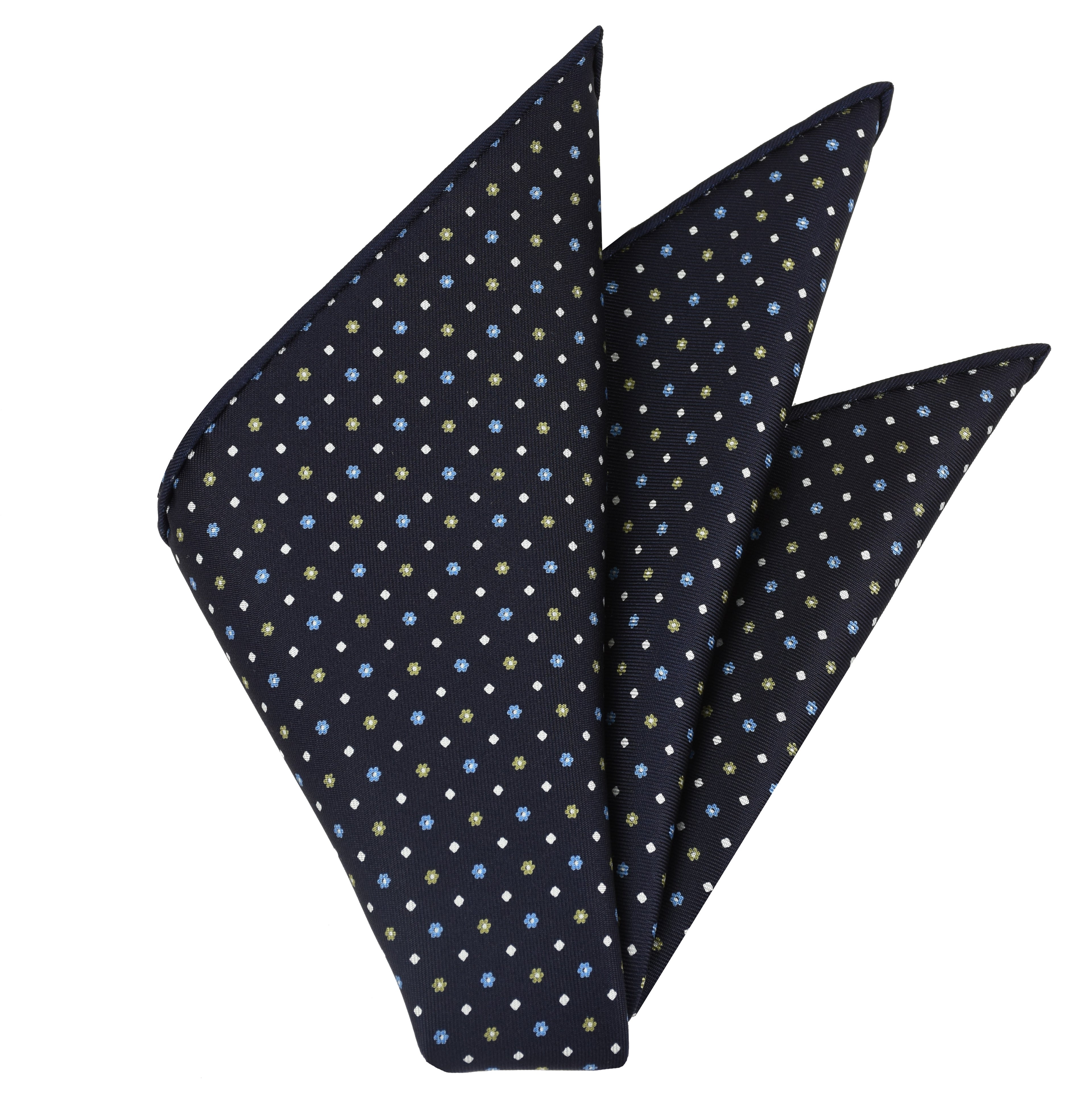 {[en]:Sky Blue, White & Light Yellow on Midnight Blue Macclesfield Print Silk Pocket Square