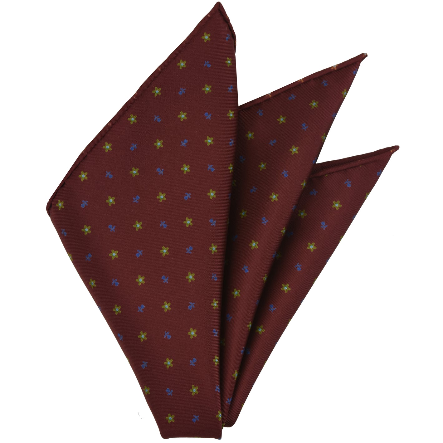 {[en]:Dark Blue, Dark Gold & Sky Blue on Burgundy Macclesfield Print Silk Pocket Square