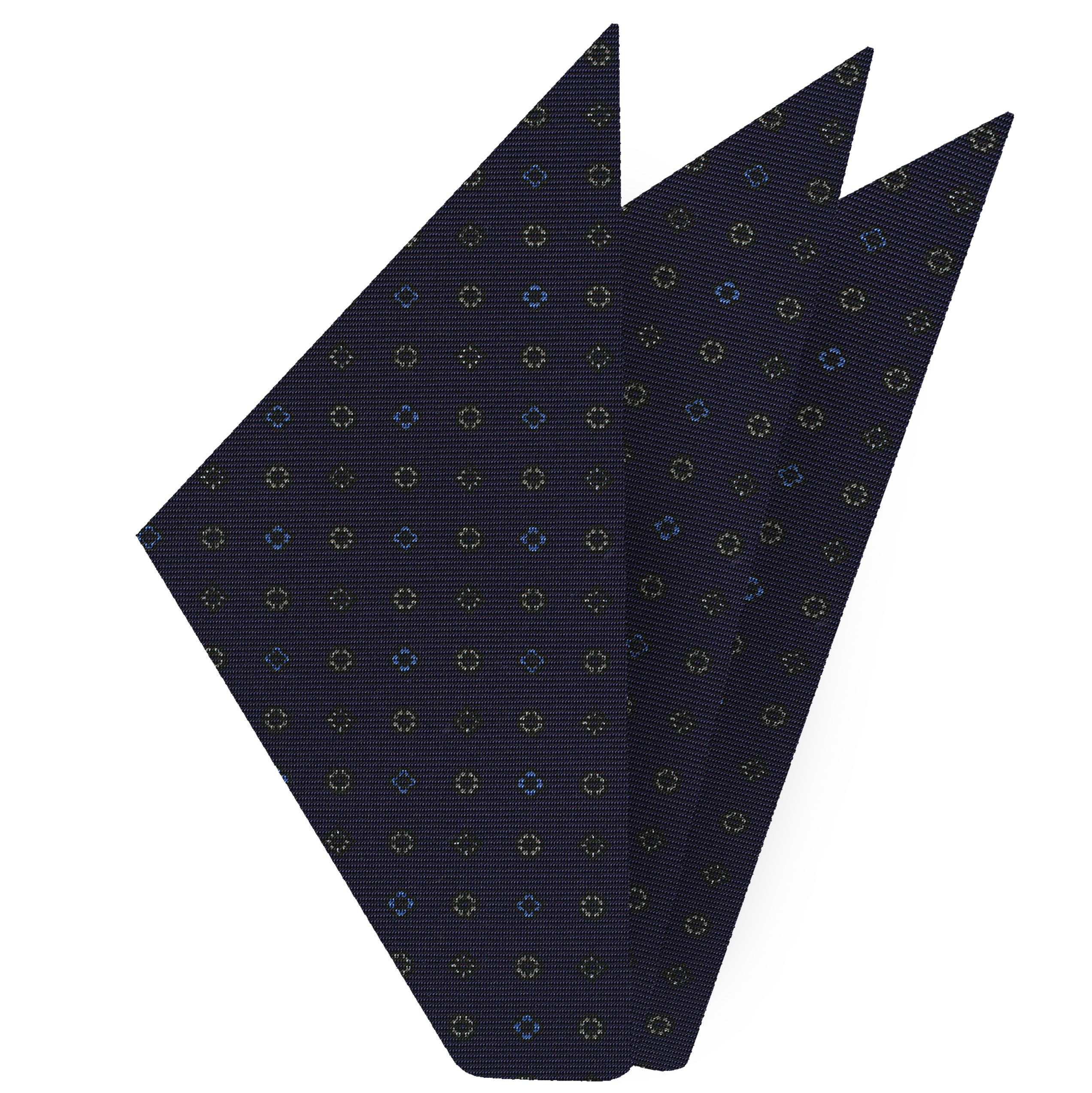 {[en]:Sky Blue, White & Silver on Midnight Blue Macclesfield Print Silk Pocket Square