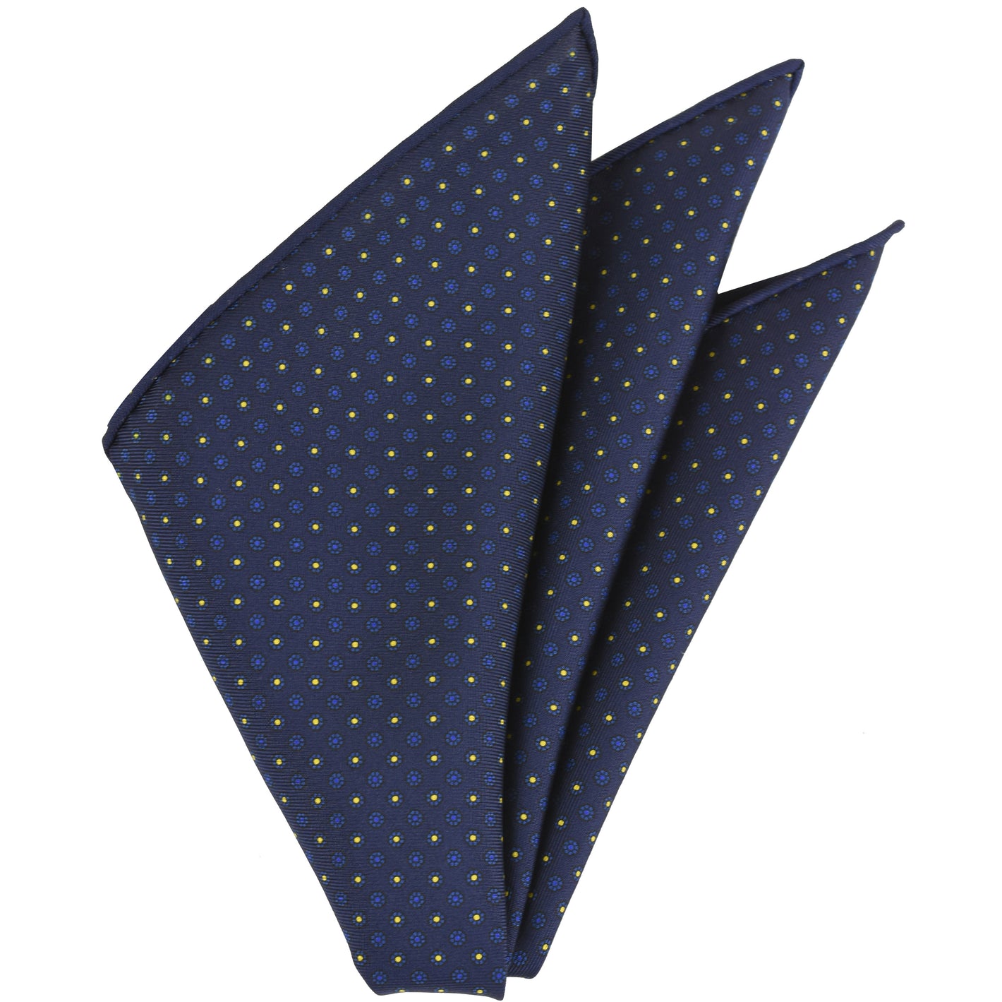 {[en]:Blue & Yellow on Midnight Blue Macclesfield Print Silk Pocket Square