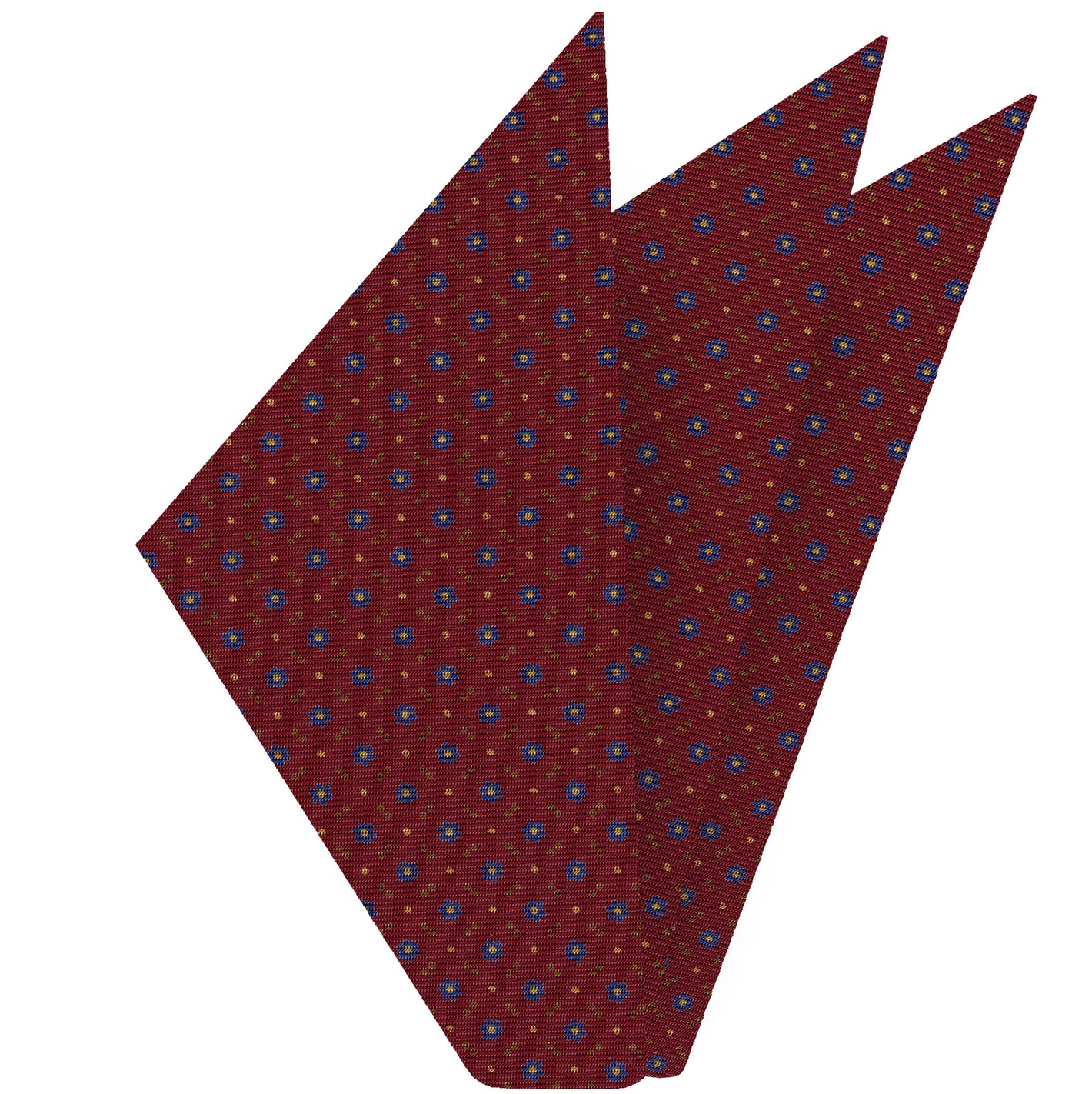 {[en]:Dark Blue, Gold & Yellow Light on Dark Red Macclesfield Print Silk Pocket Square