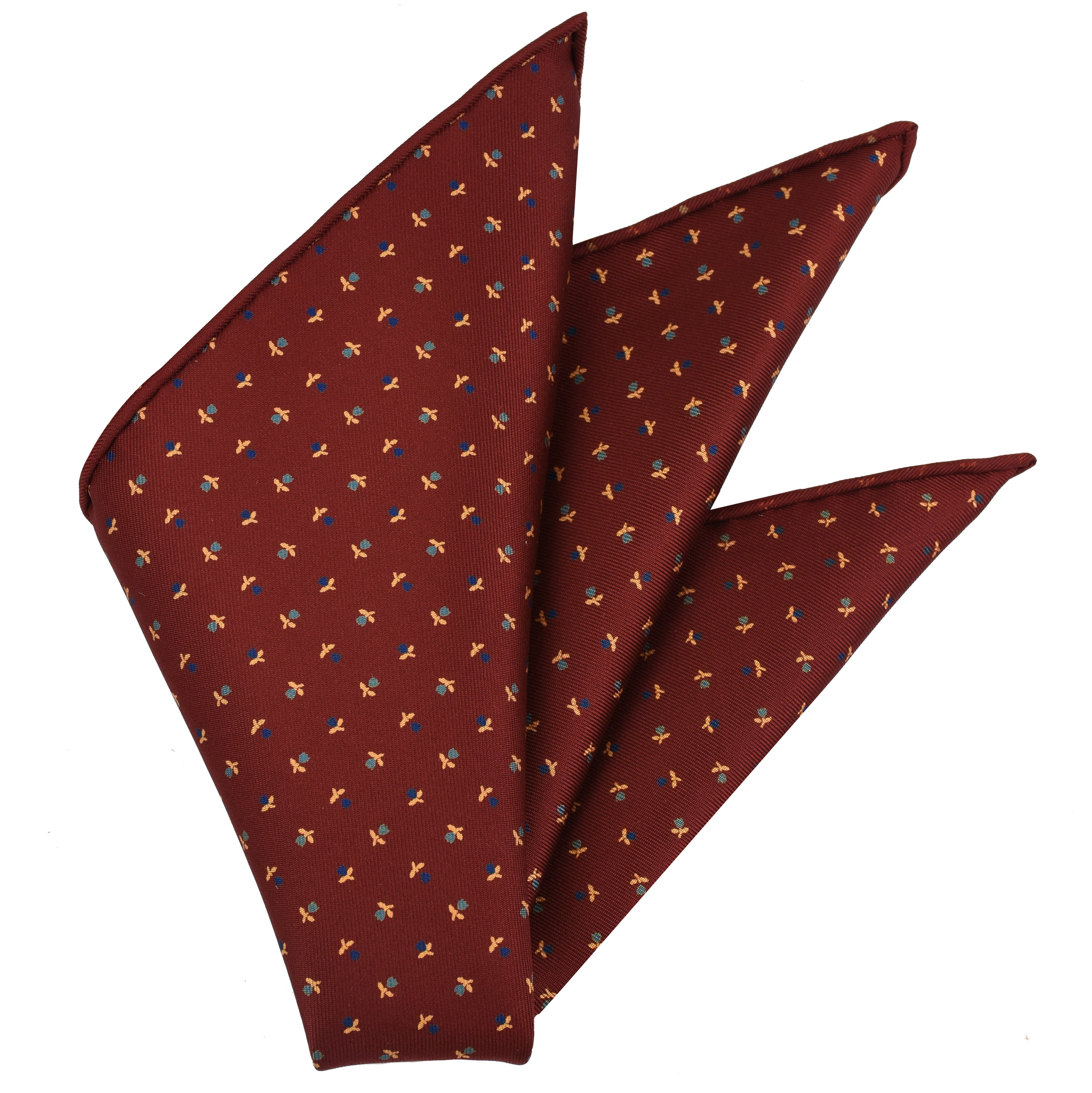 {[en]:Dark Blue, Gray & Soft Yellow on Dark Red Macclesfield Print Silk Pocket Square