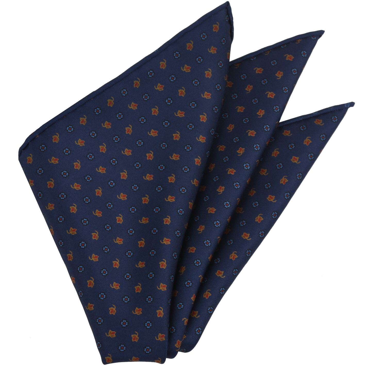 {[en]:Sky Blue, Red & Gold on Dark Navy Blue Macclesfield Print Silk Pocket Square