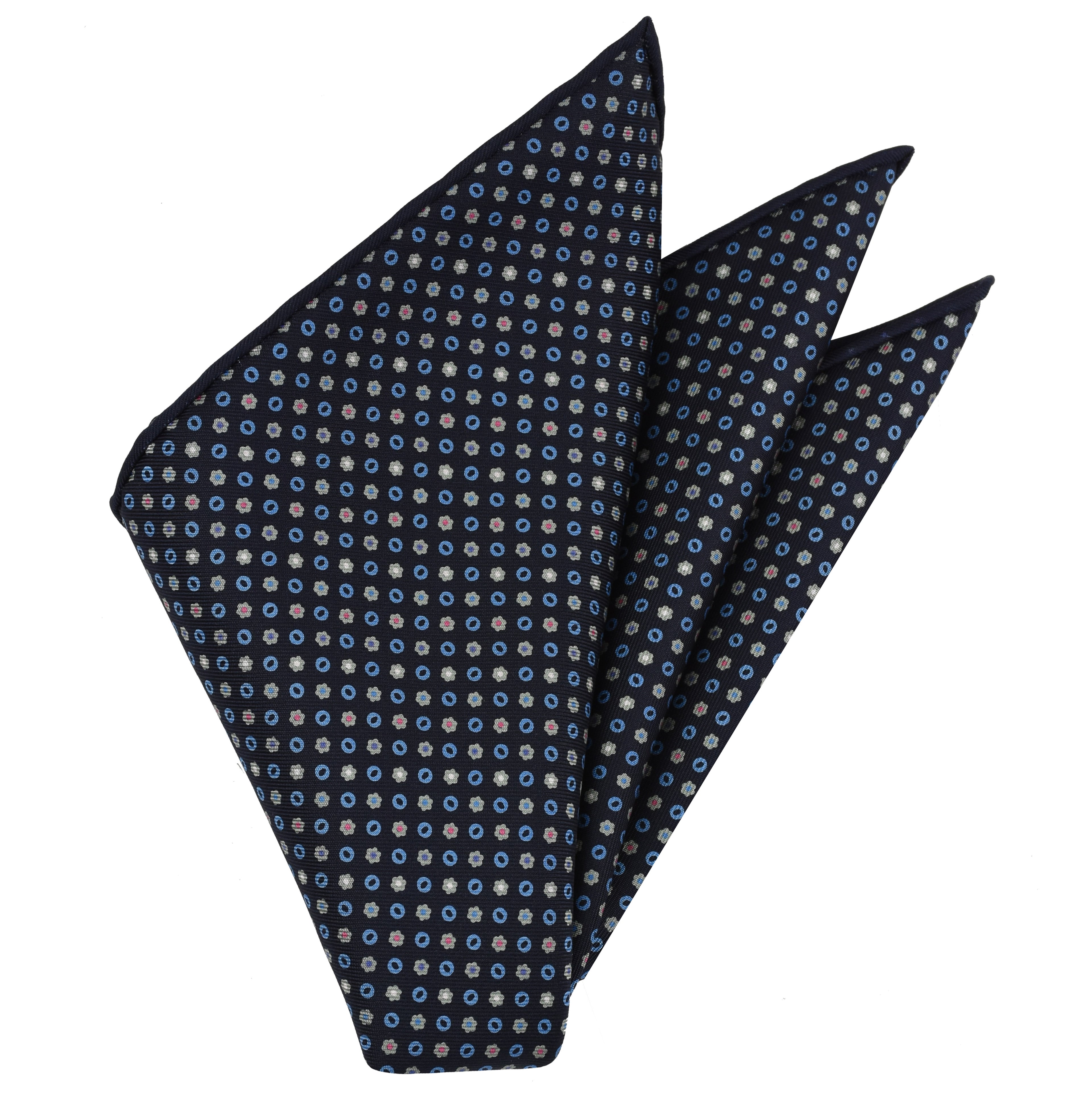 {[en]:Sky Blue, White, Gray & Pink on Midnight Blue Macclesfield Print Silk Pocket Square