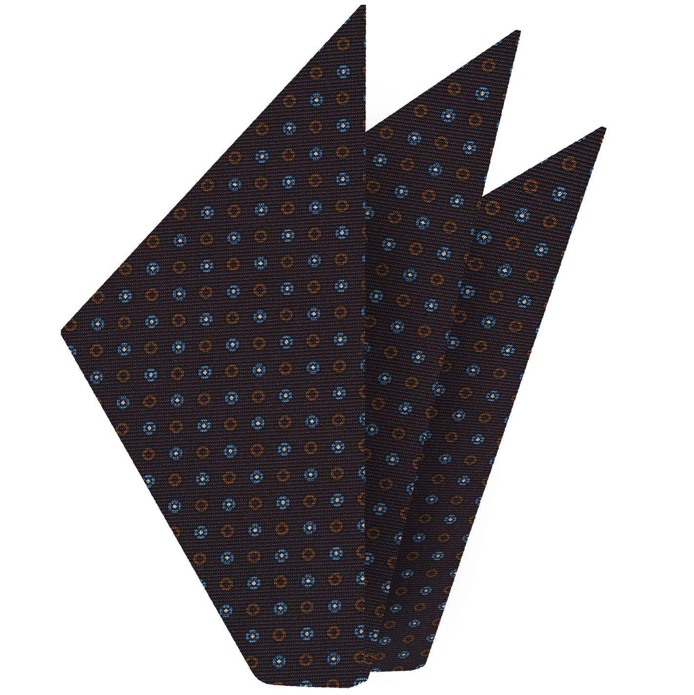 {[en]:Sky Blue, Chocolate & White on Midnight Blue Macclesfield Print Silk Pocket Square