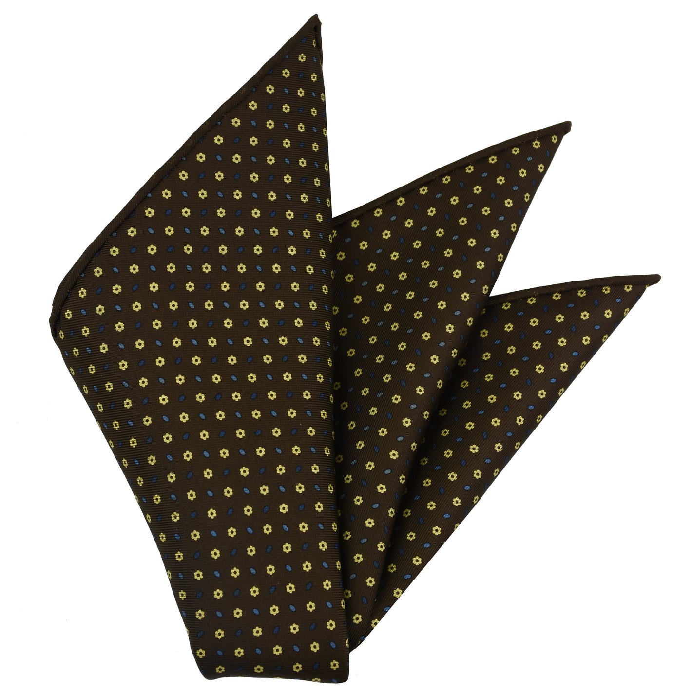 {[en]:Dark Blue, Sky Blue & Light Yellow on Dark Chocolate  Macclesfield Print Silk Pocket Square