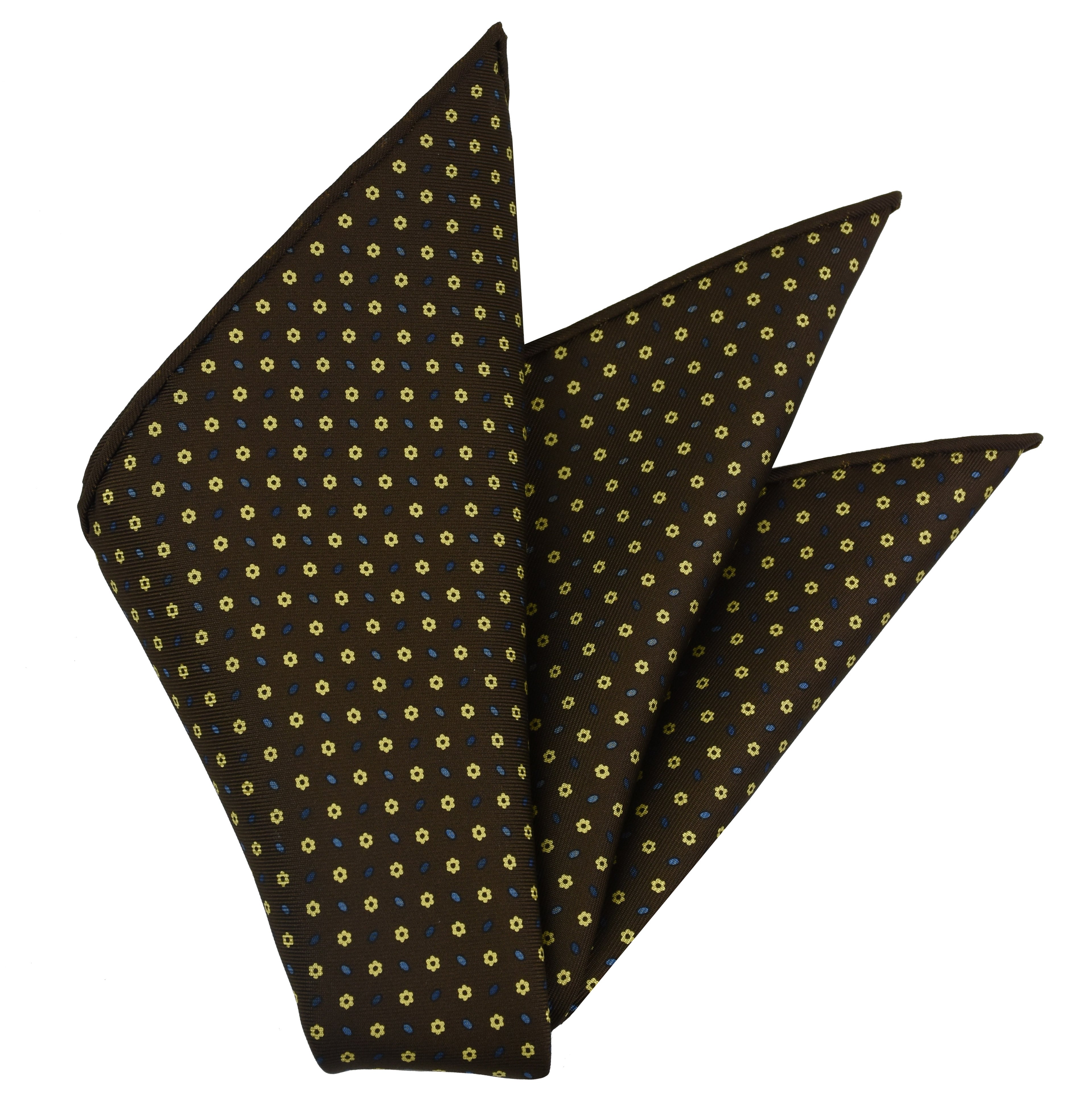 {[en]:Dark Blue, Sky Blue & Light Yellow on Dark Chocolate  Macclesfield Print Silk Pocket Square
