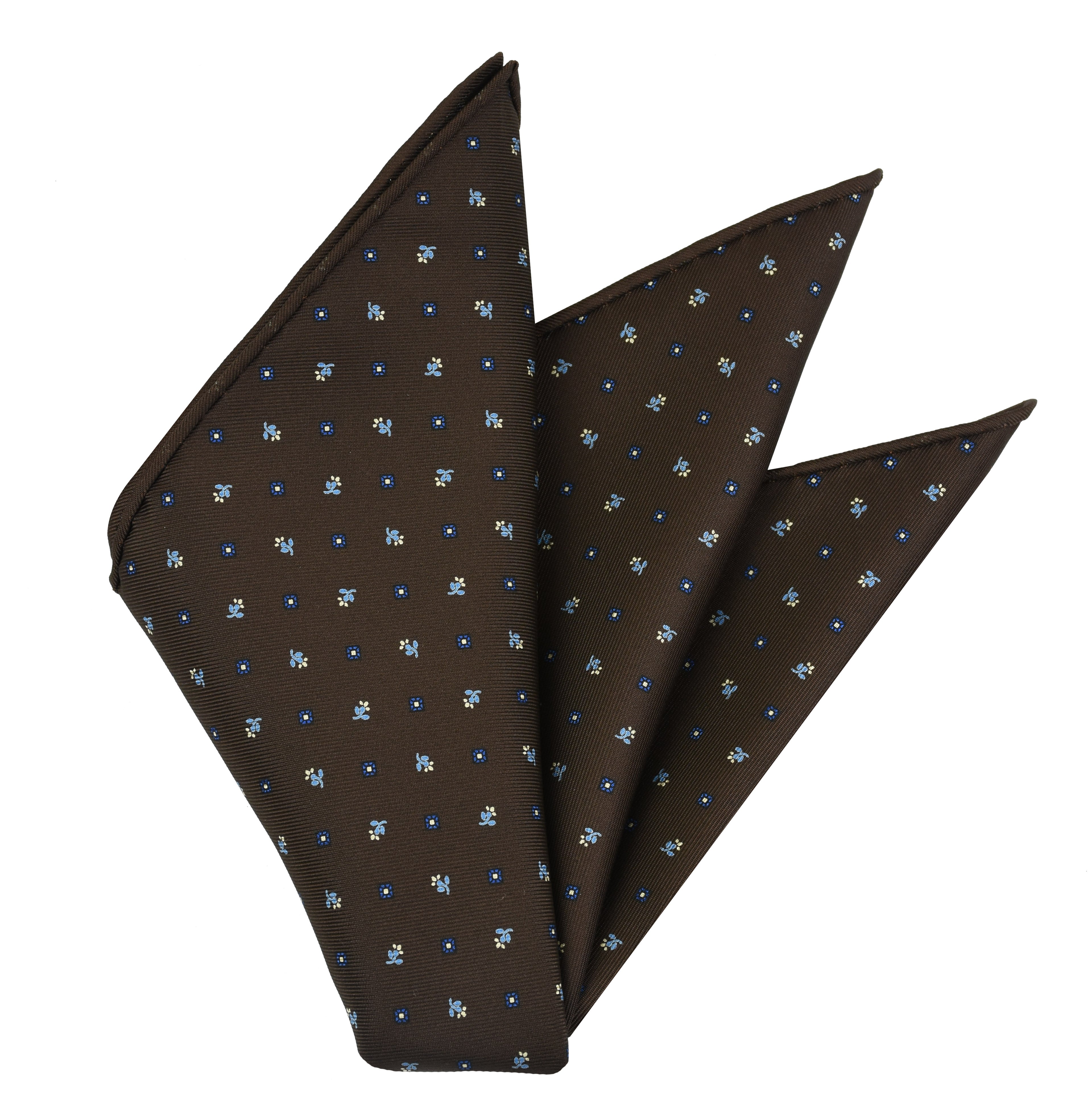 {[en]:Sky Blue, Blue & Off-White on Dark Chocolate Macclesfield Print Silk Pocket Square