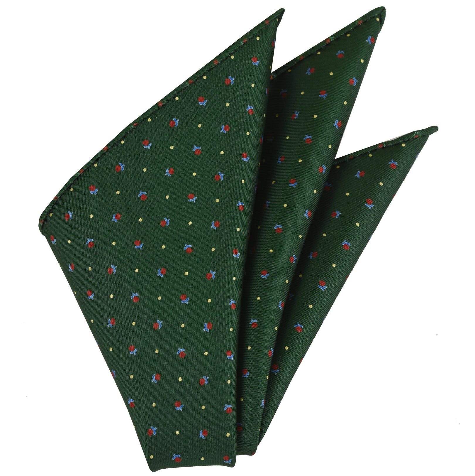{[en]:Red, Sky Blue & Off-White on Dark Green Macclesfield Print Silk Pocket Square