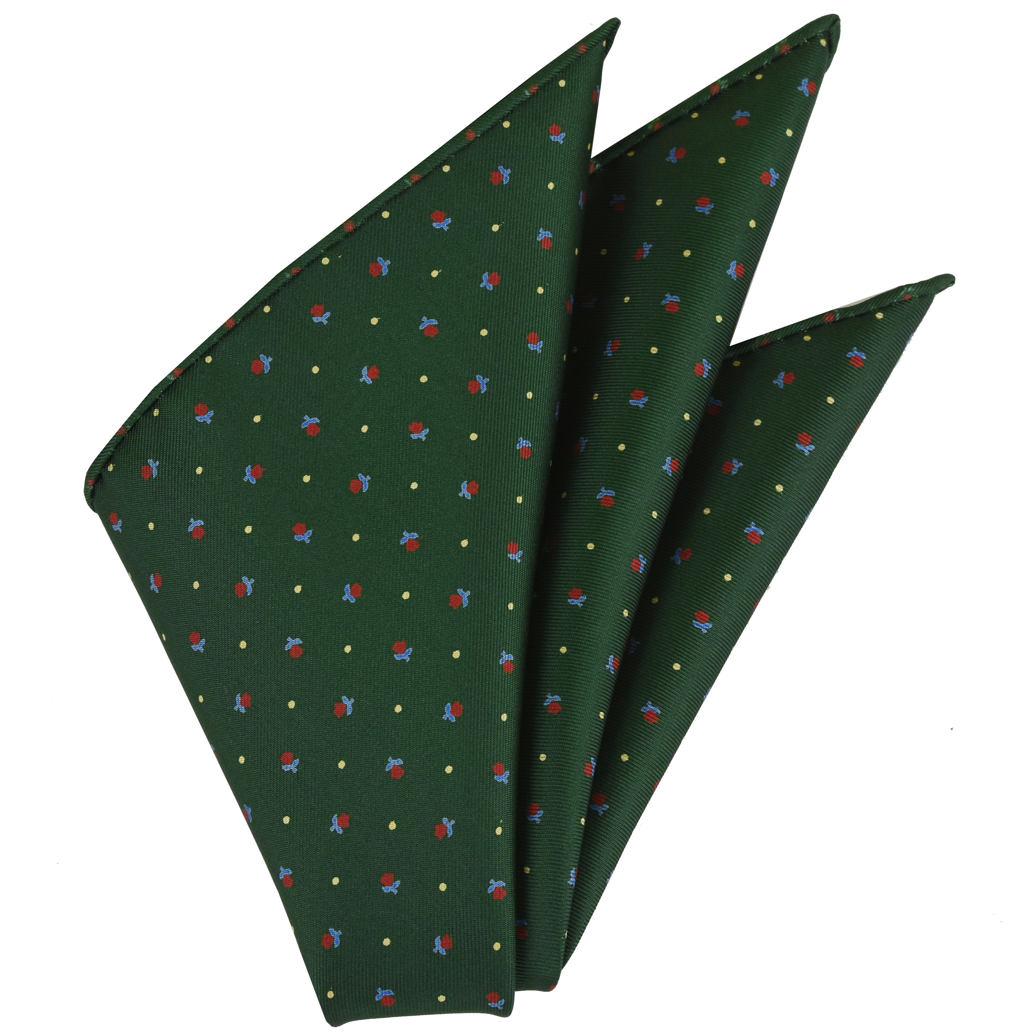 {[en]:Red, Sky Blue & Off-White on Dark Green Macclesfield Print Silk Pocket Square
