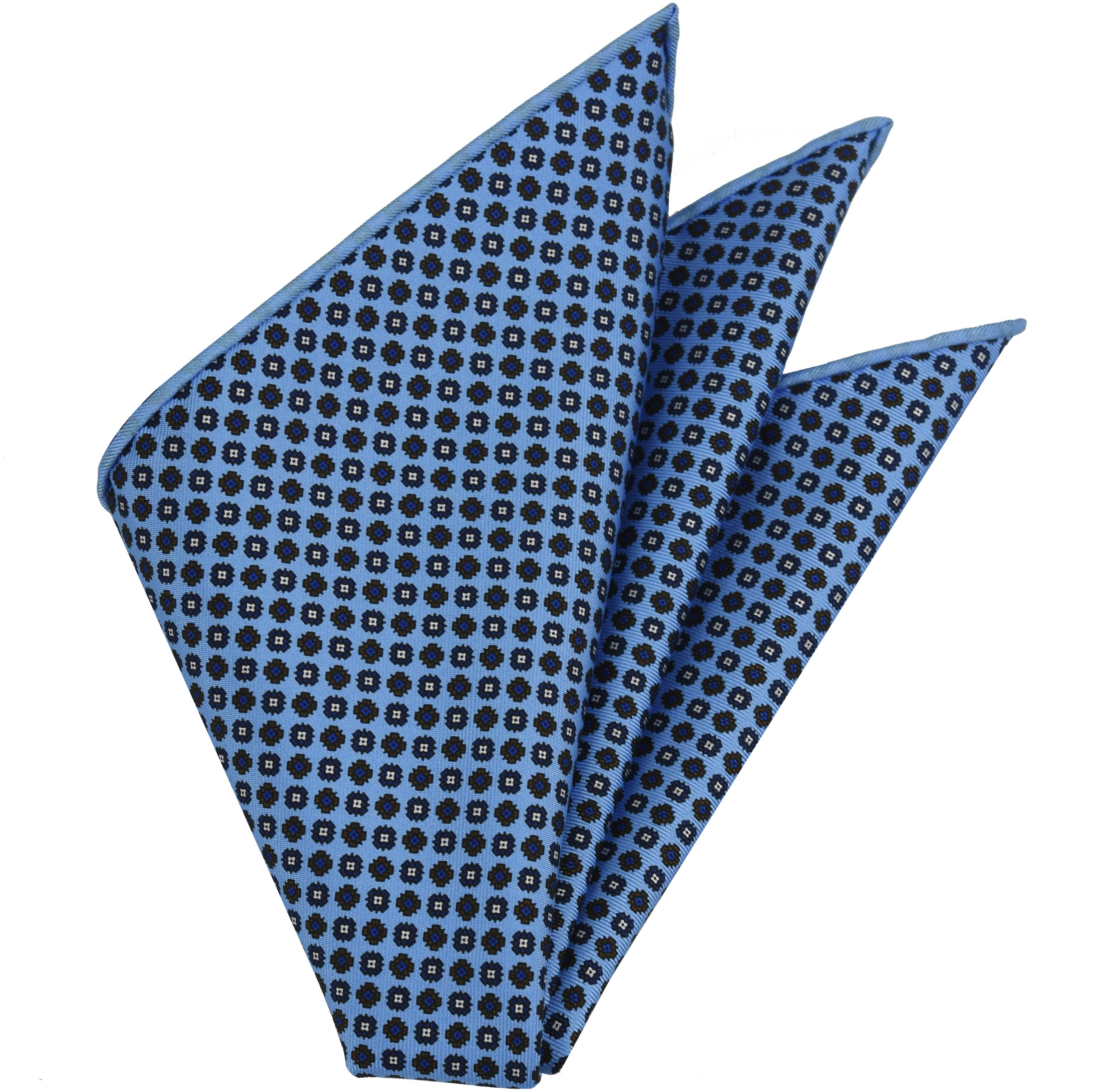 {[en]:Navy Blue, Blue, Chocolate & White on Sky Blue Macclesfield Print Silk Pocket Square