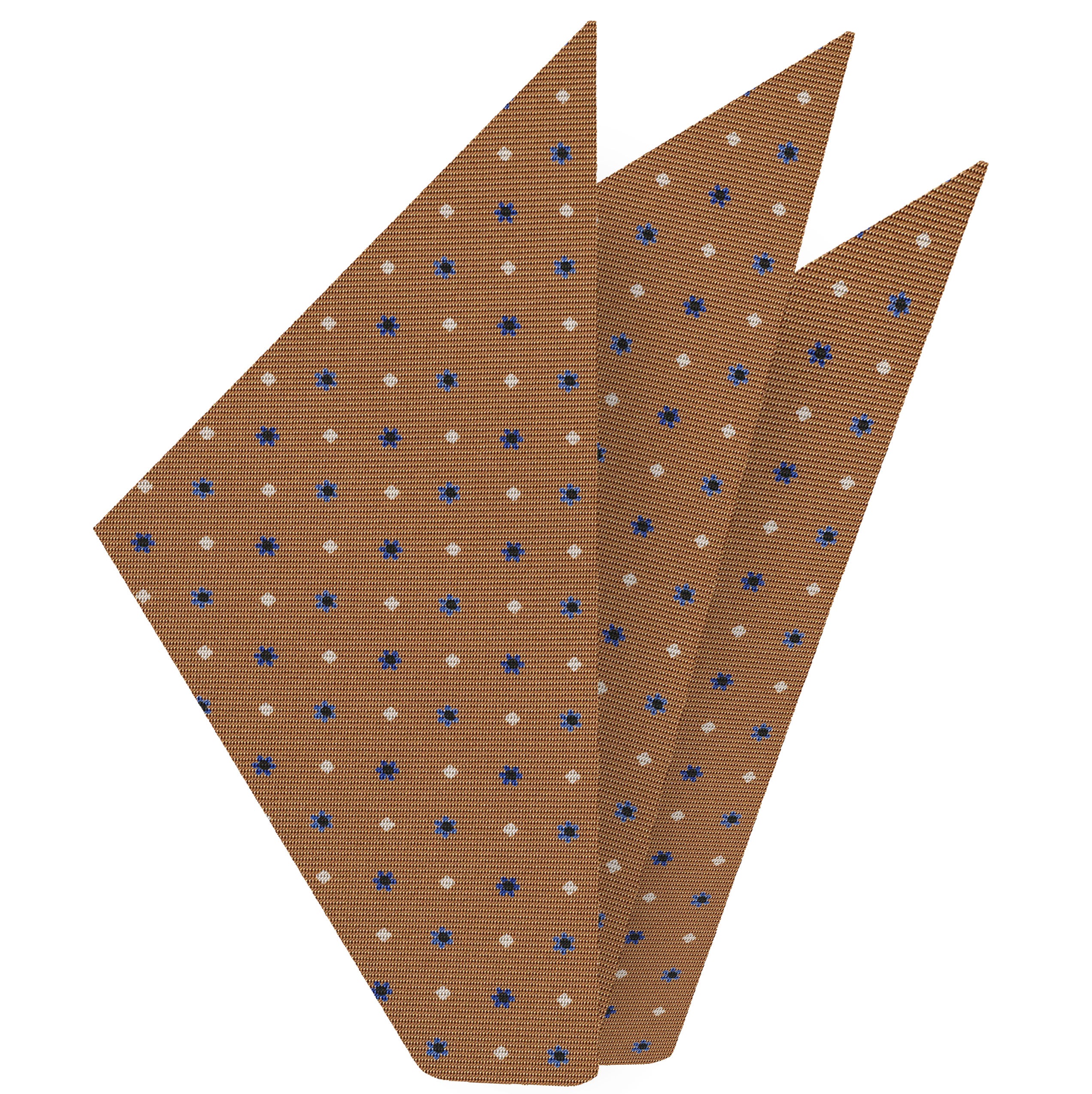 {[en]:Dark Navy Blue, Sky Blue & White on Camel Macclesfield Print Silk Pocket Square