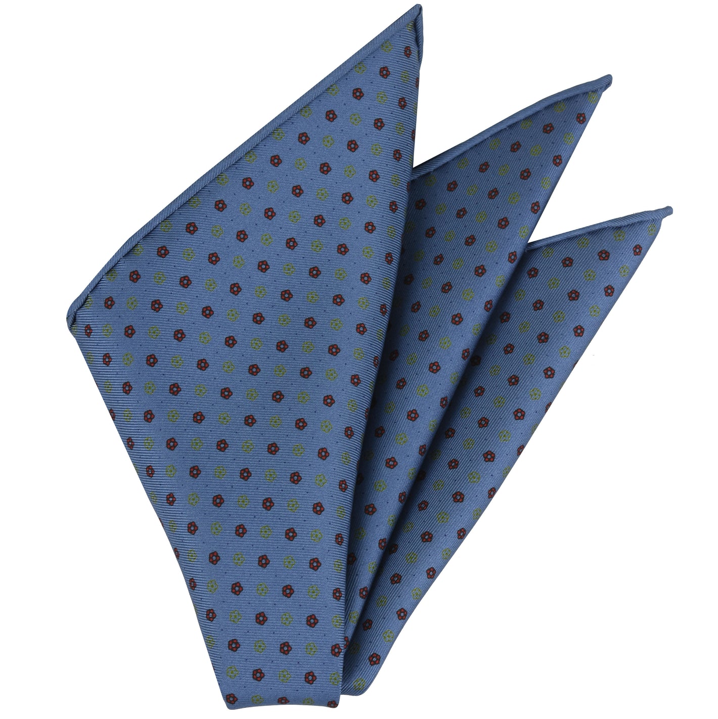 {[en]:Gold, Red & Black on Sky Blue Macclesfield Print Silk Pocket Square