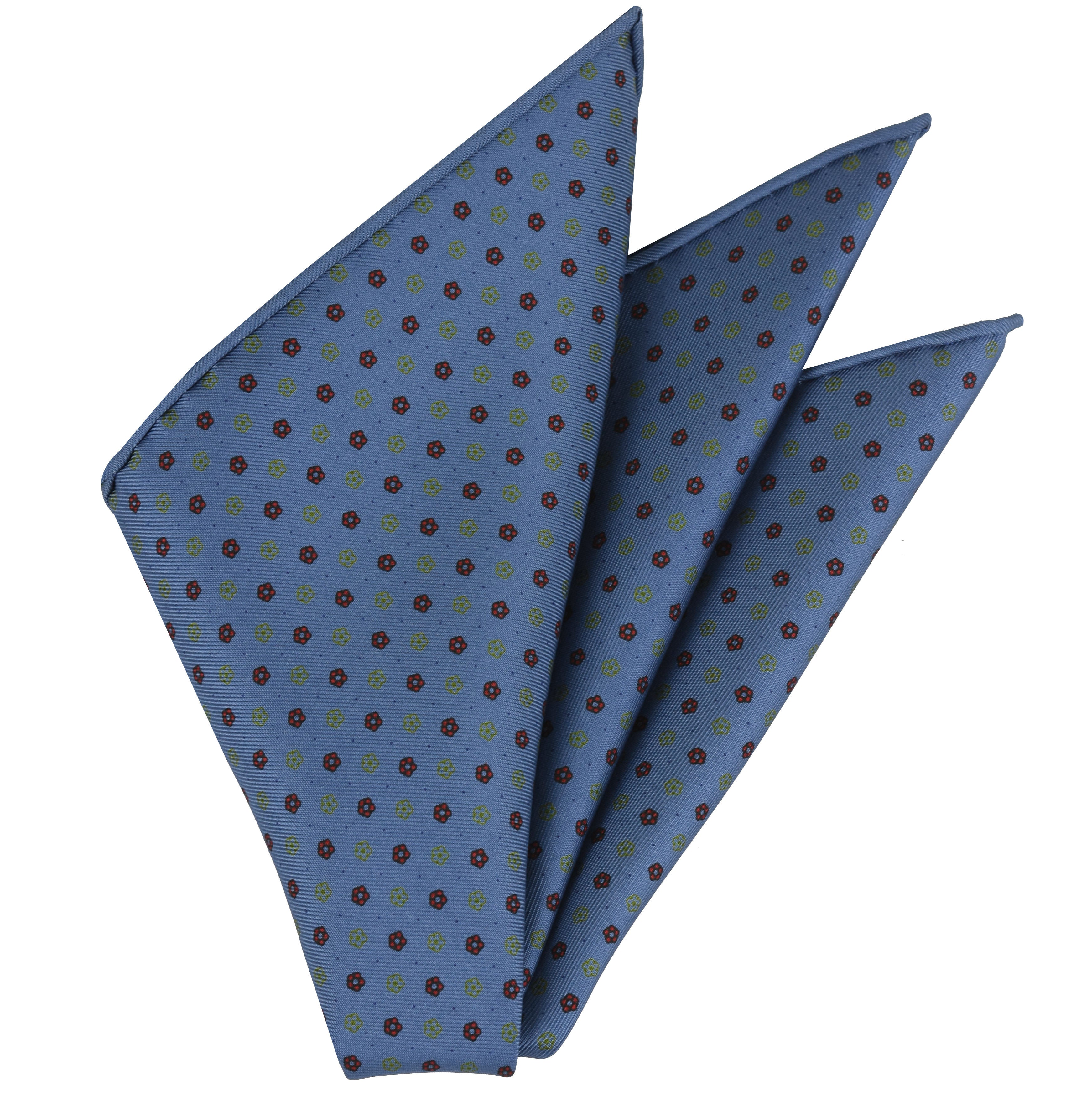 {[en]:Gold, Red & Black on Sky Blue Macclesfield Print Silk Pocket Square