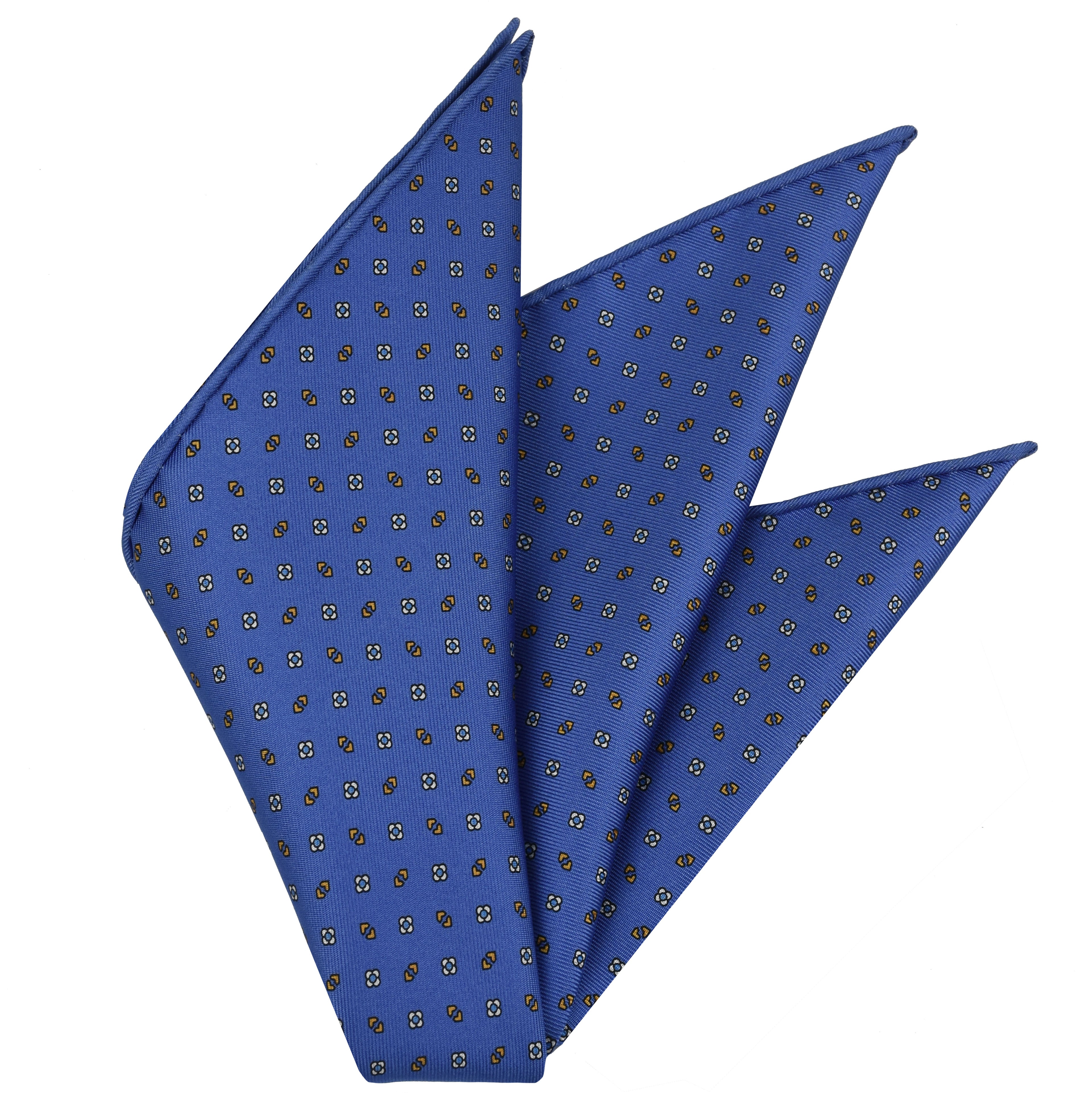 {[en]:Burnt Orange & White on Sky Blue Macclesfield Print Silk Pocket Square