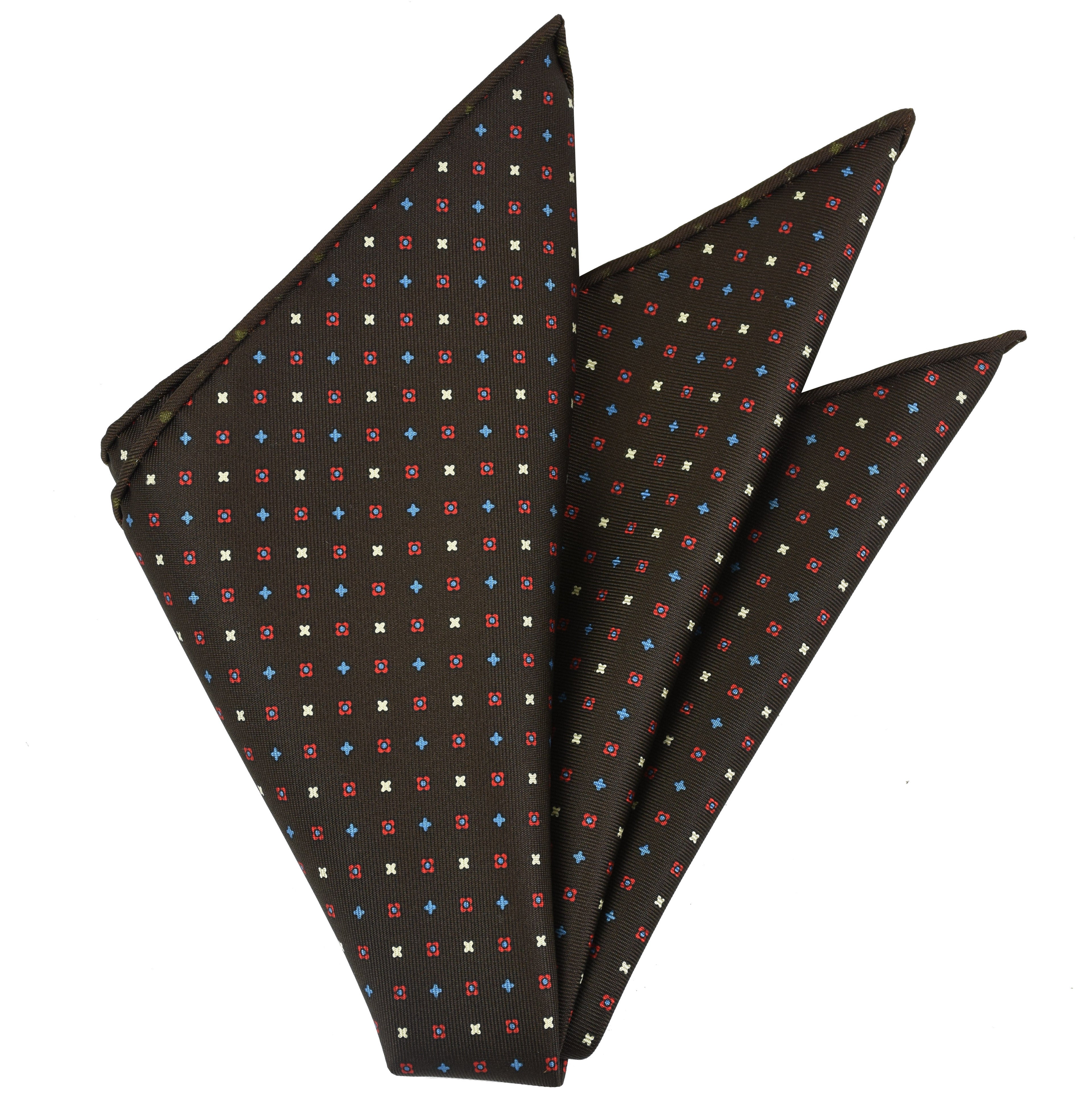{[en]:Sky Blue, Red & Off-White on Dark Chocolate Macclesfield Print Silk Pocket Square