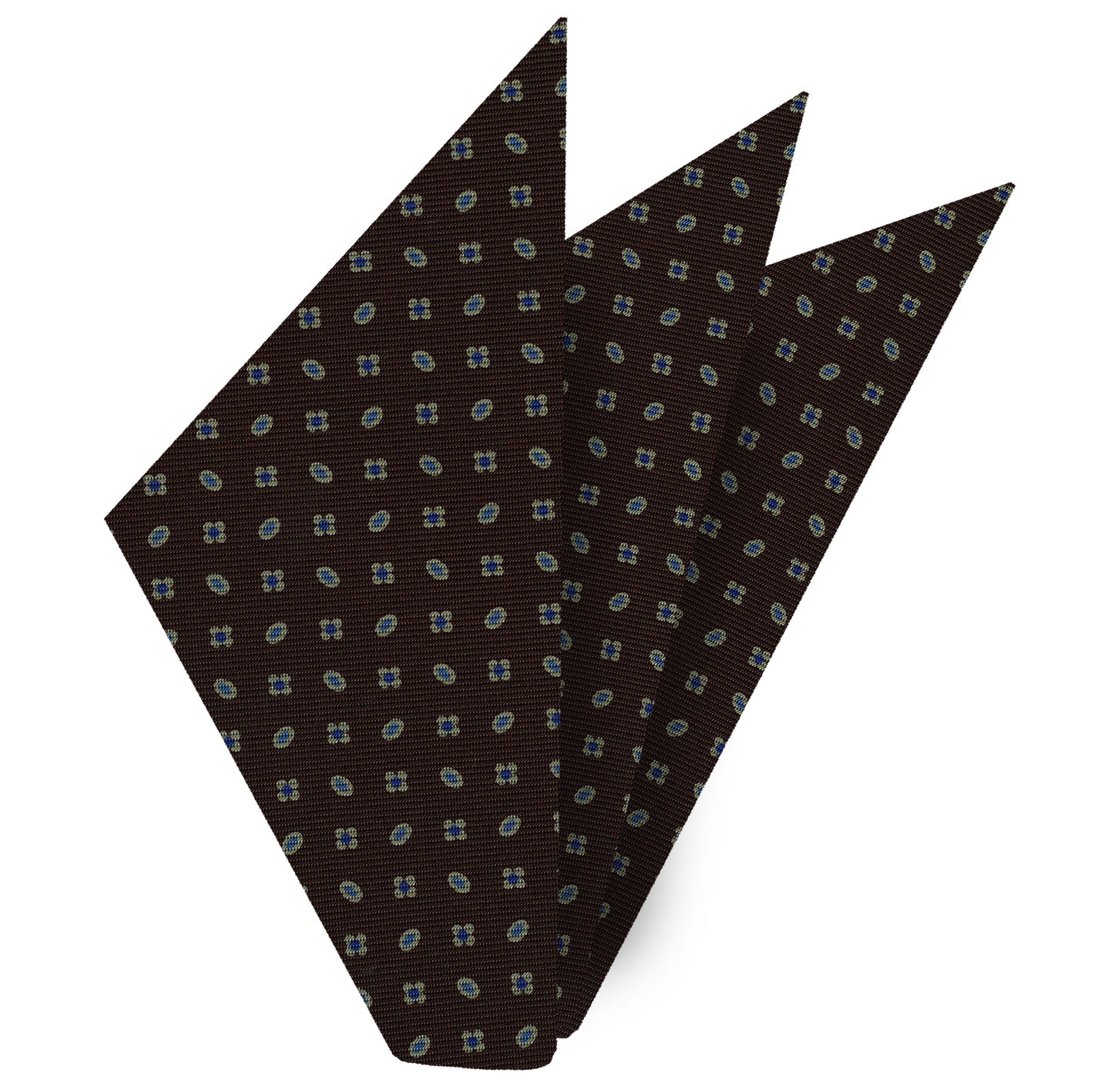 {[en]:Navy Blue, Sky Blue & Light Green on Dark Chocolate Macclesfield Print Silk Pocket Square