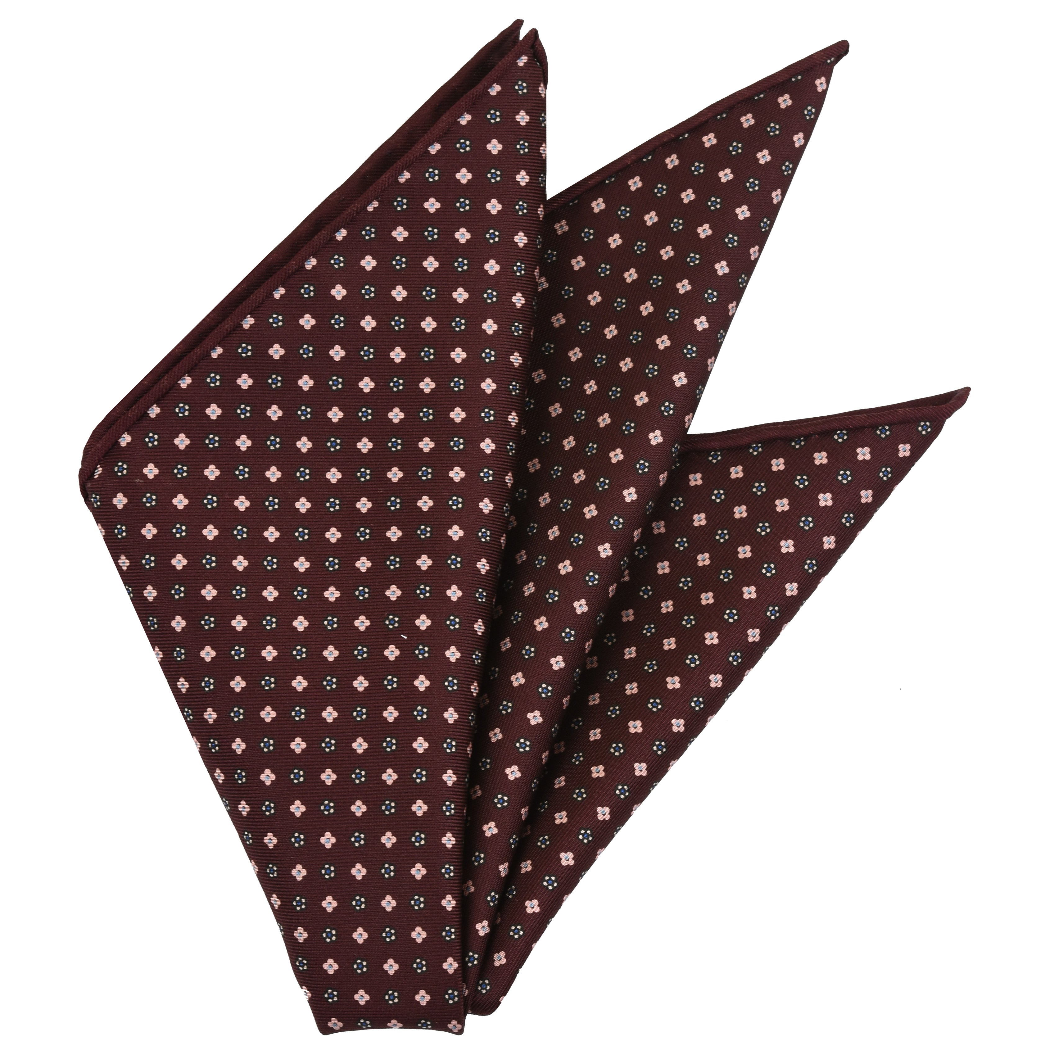 {[en]:Blue, Off-White & Salmon on Burgundy Macclesfield Print Silk Pocket Square